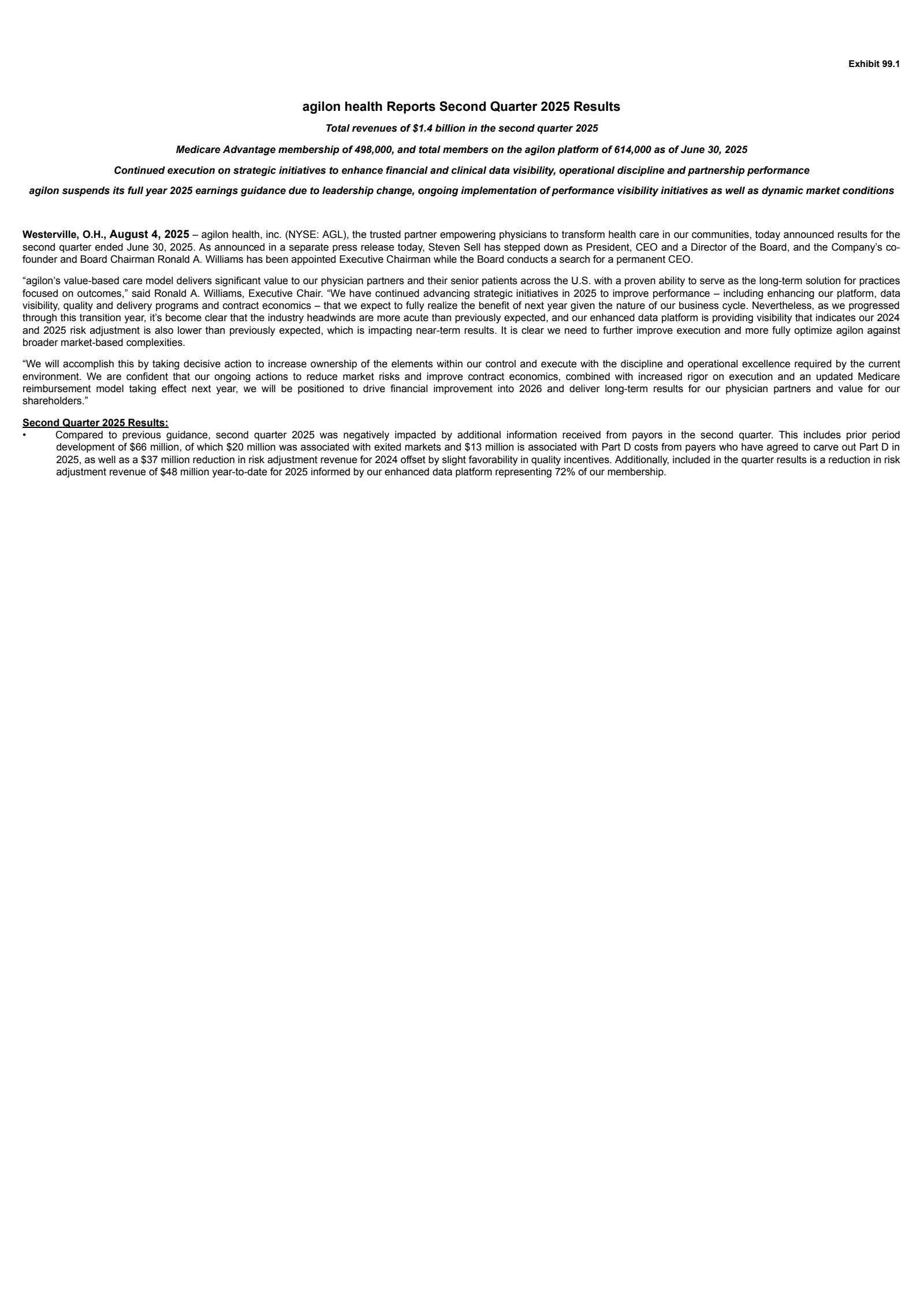 Agilon Health's Q2 2025 Press Release