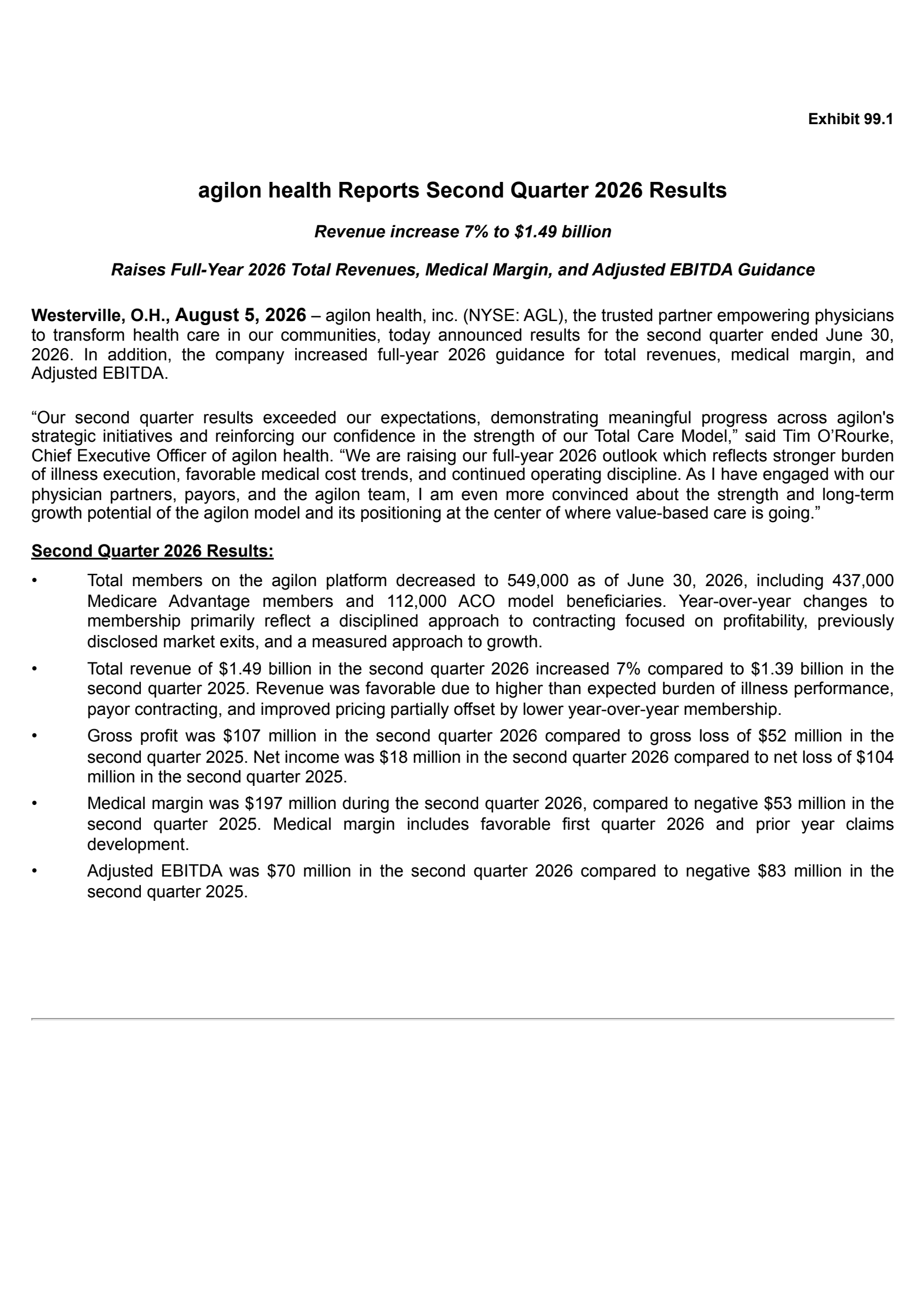 Agilon Health's Q2 2026 Press Release