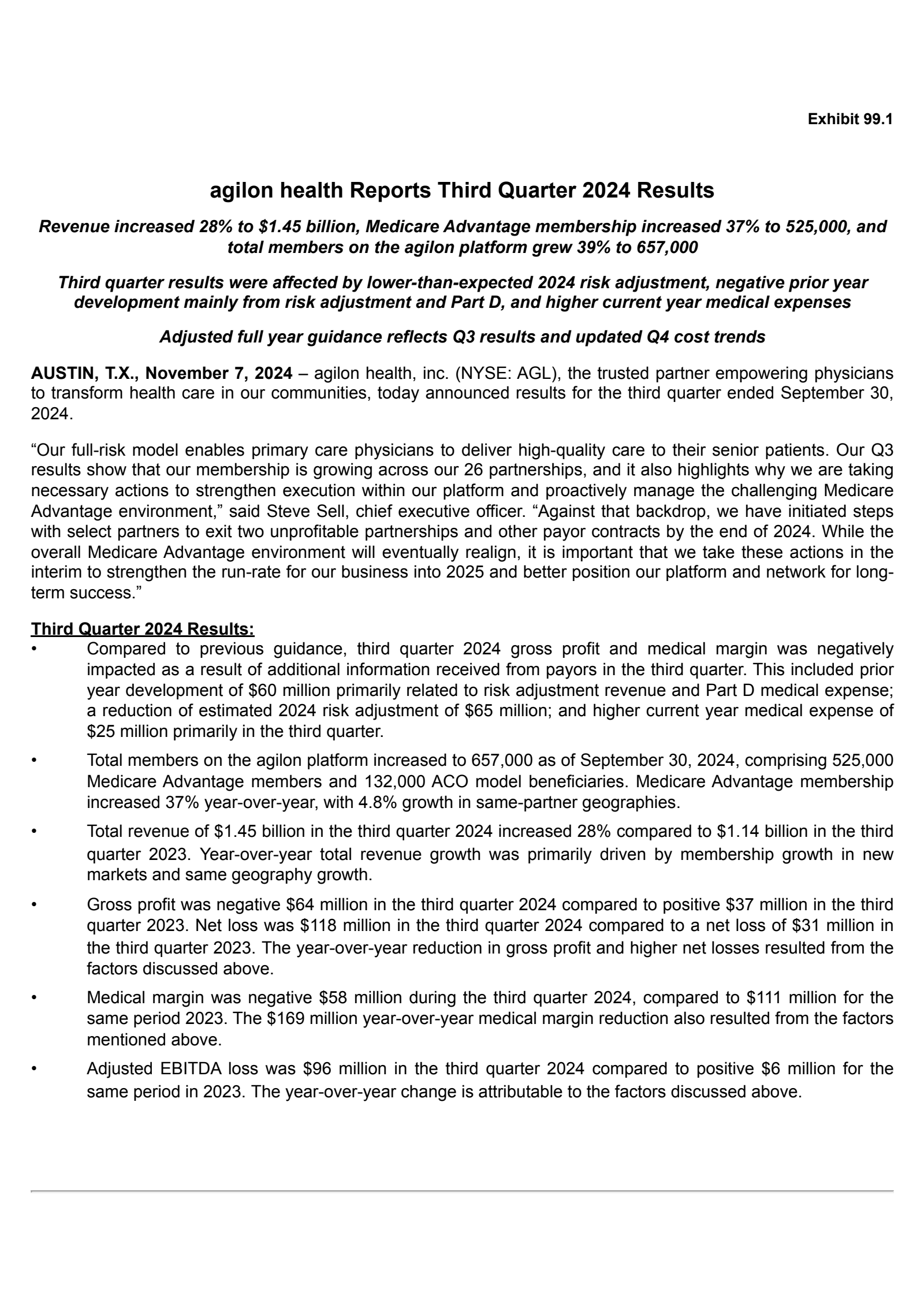 agilon health's Q3 2024 Press Release