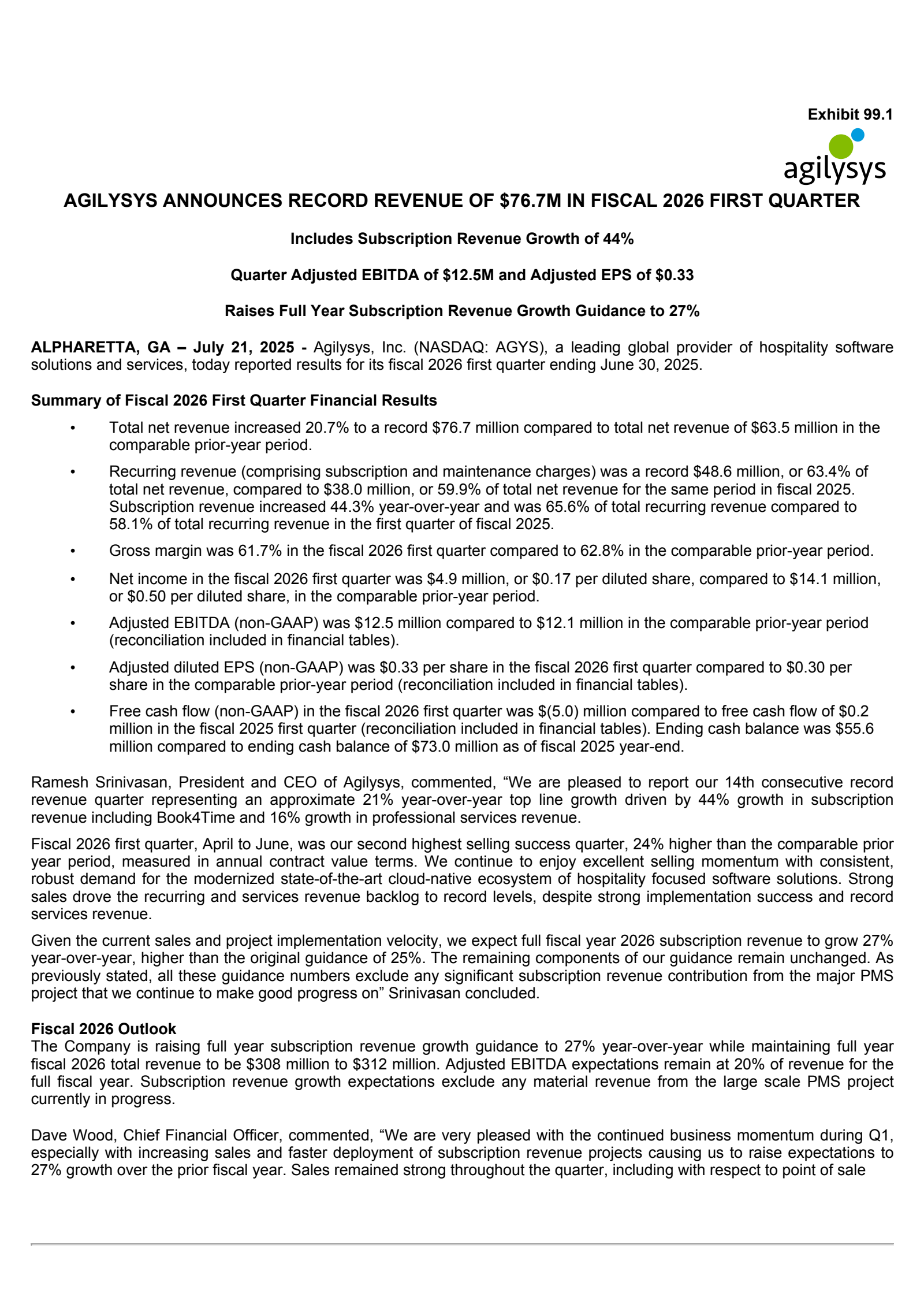 Agilysys' Q1 2026 Press Release