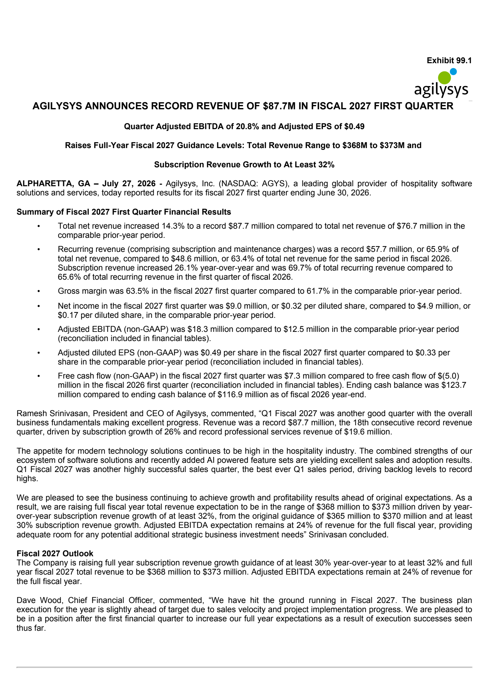Agilysys' Q1 2027 Press Release