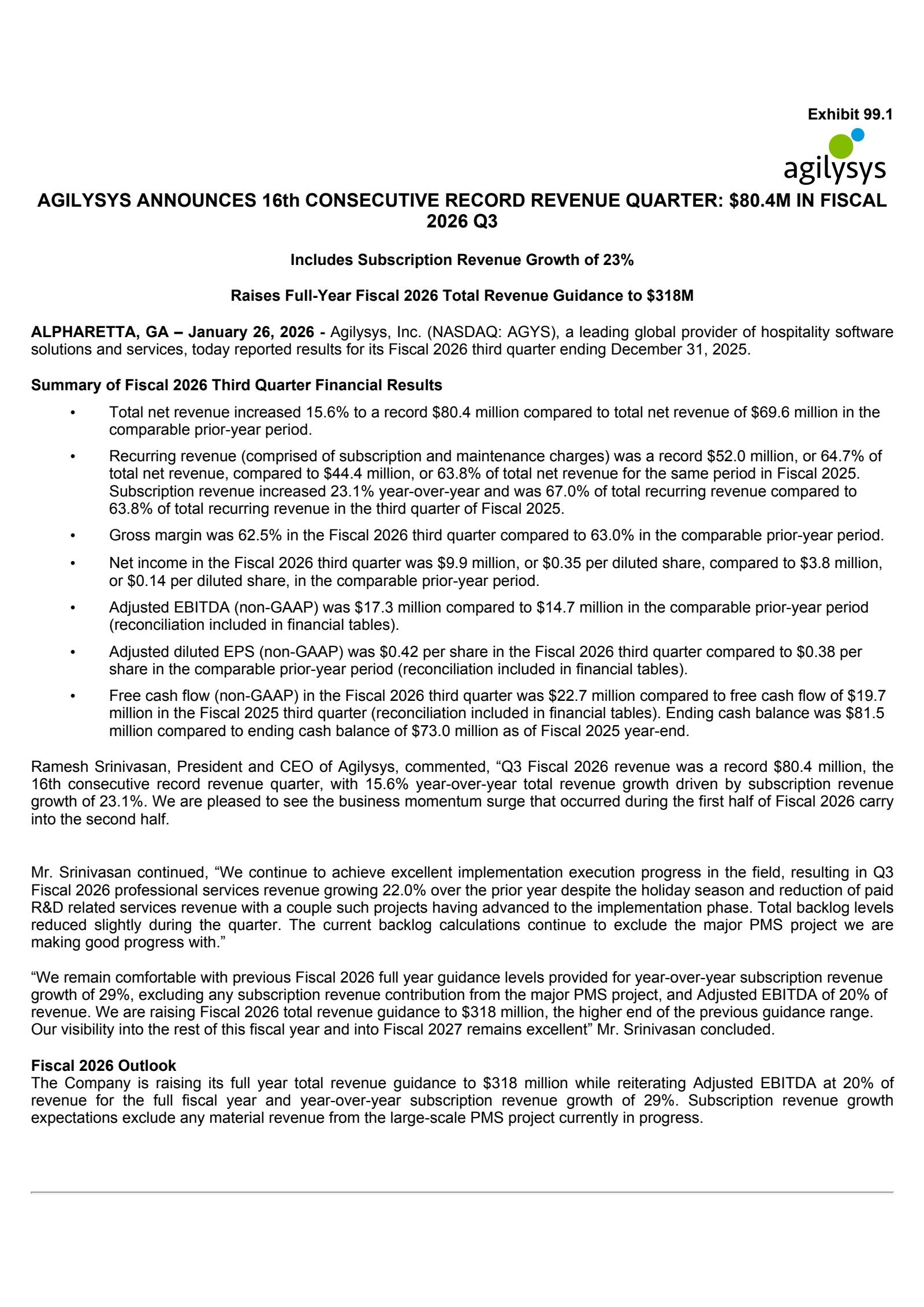 Agilysys' Q3 2026 Press Release