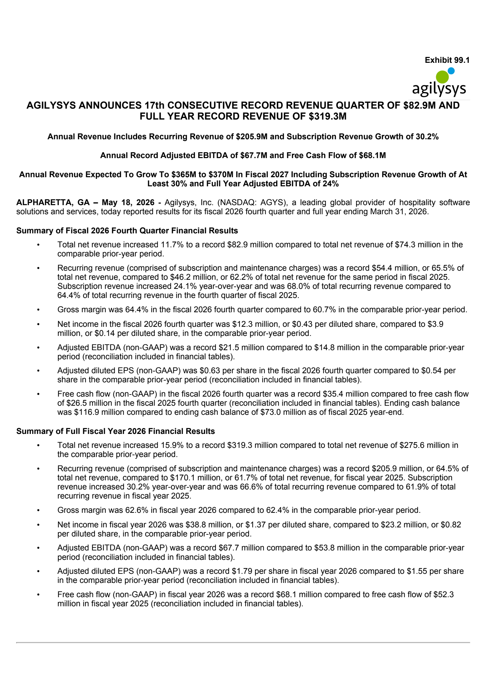 Agilysys' Q4 2026 Press Release
