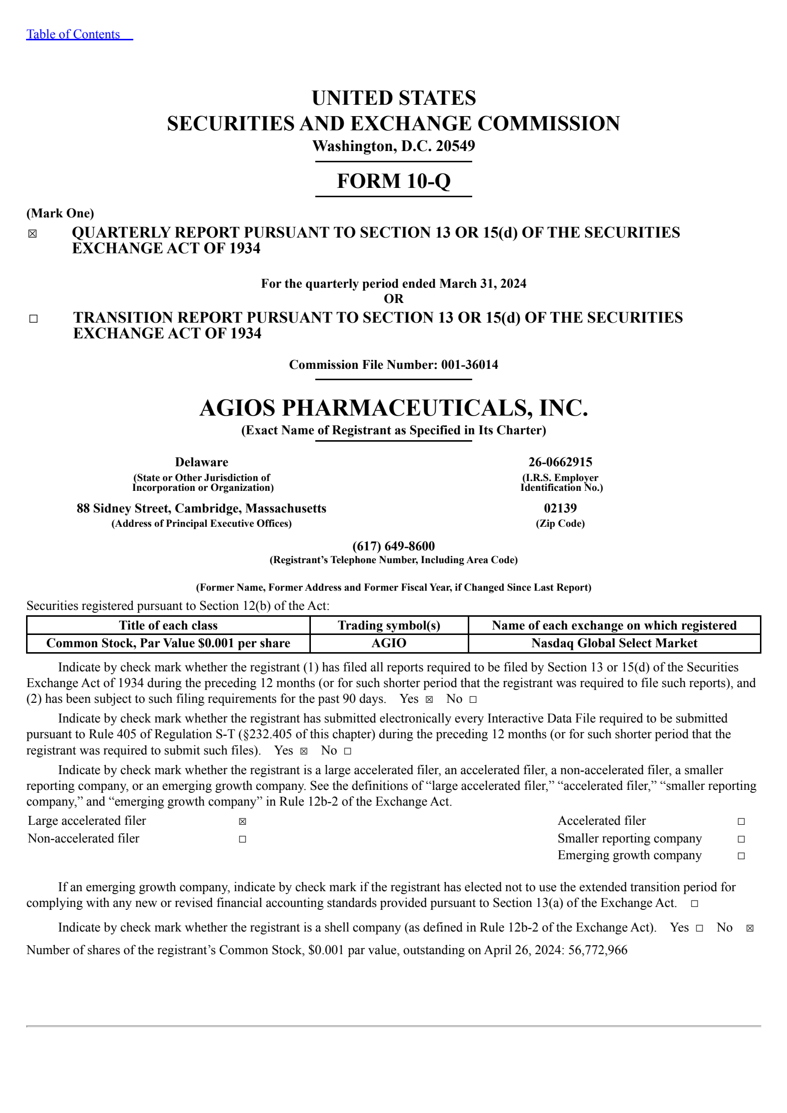 Agios Pharmaceuticals' Q1 2024 Quarterly report