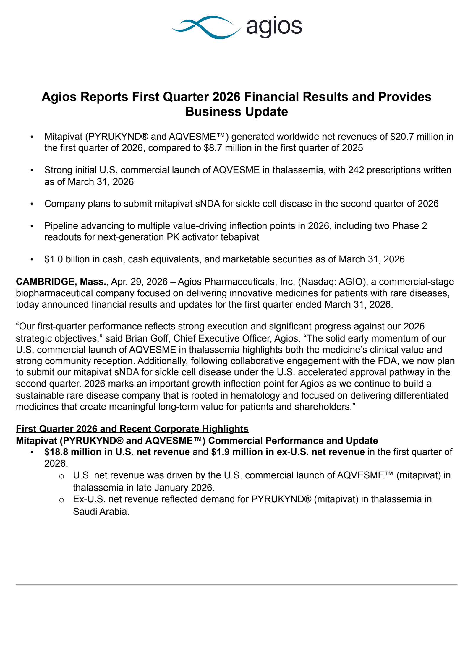 Agios Pharmaceuticals' Q1 2026 Press Release