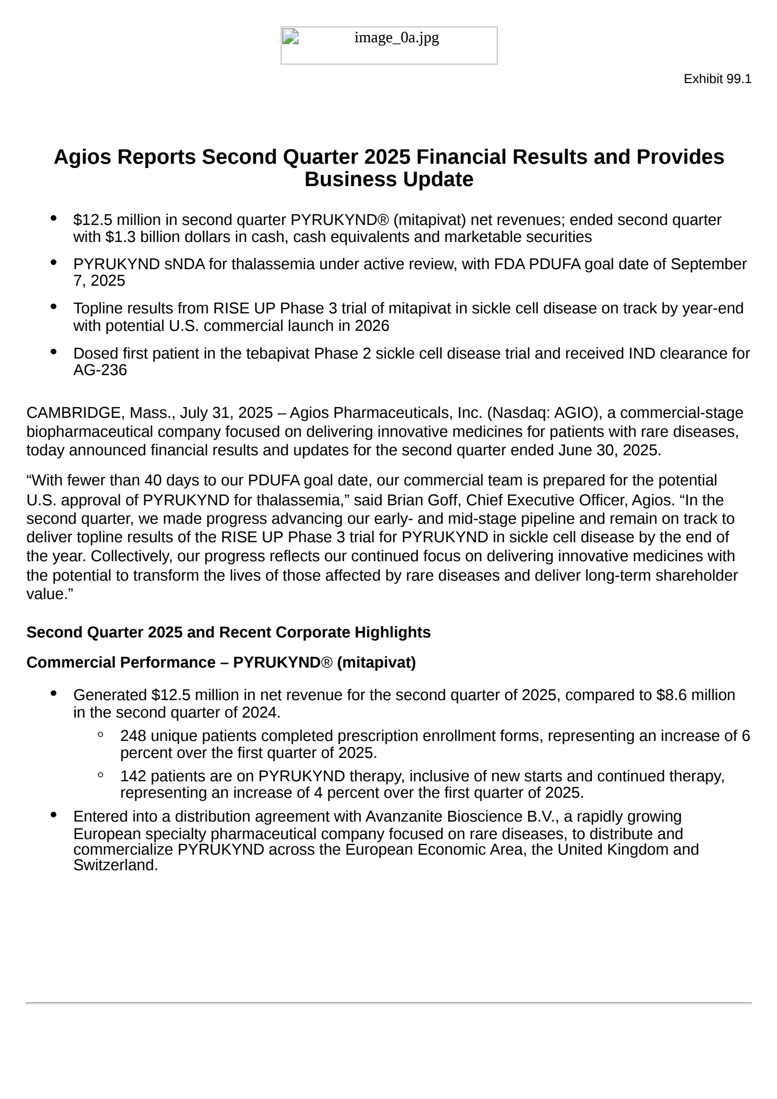 Agios Pharmaceuticals' Q2 2025 Press Release