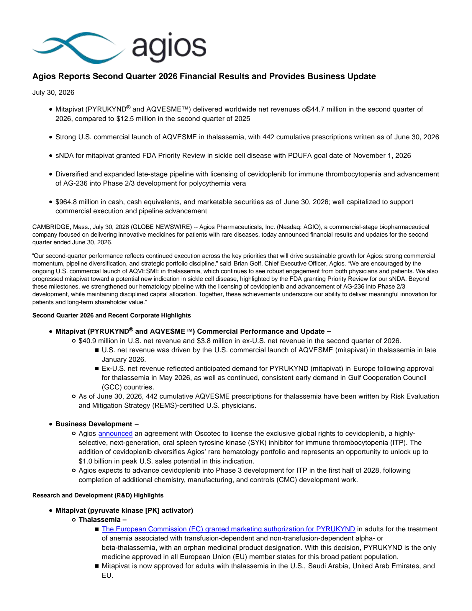 Agios Pharmaceuticals' Q2 2026 Press Release
