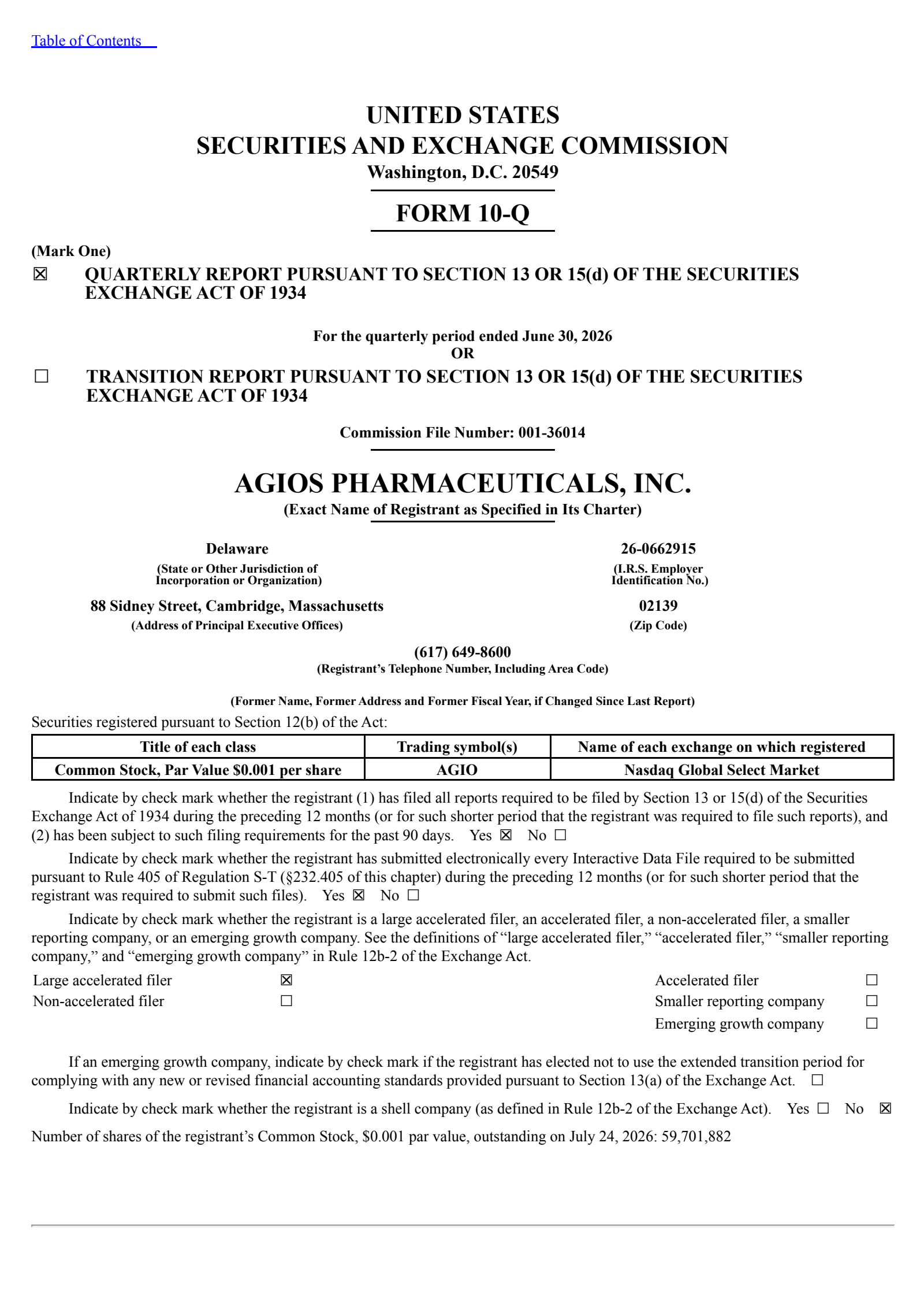 Agios Pharmaceuticals' Q2 2026 Quarterly report