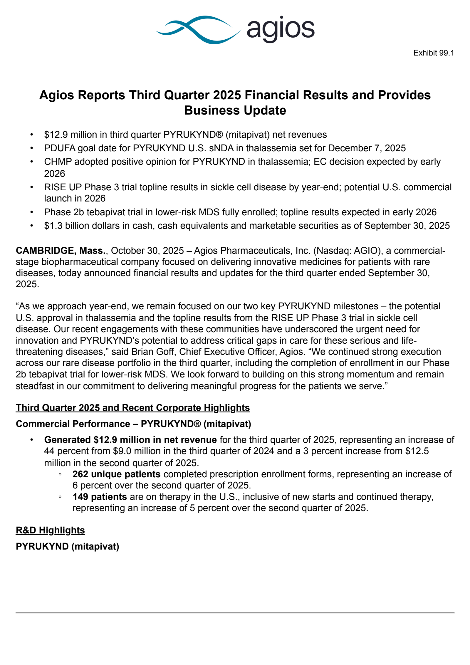 Agios Pharmaceuticals' Q3 2025 Earnings Release