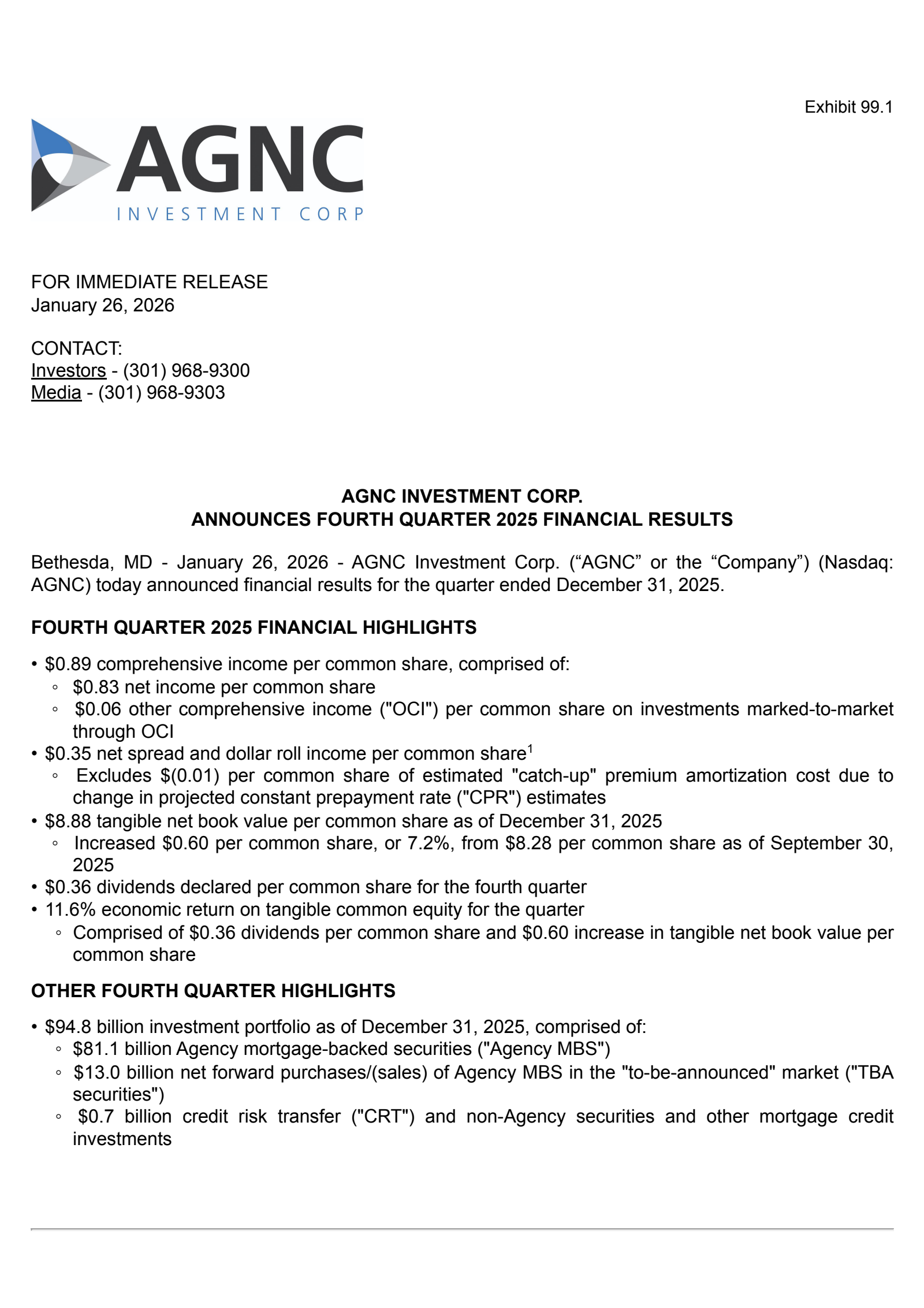 AGNC Investment's Q4 2025 Press Release