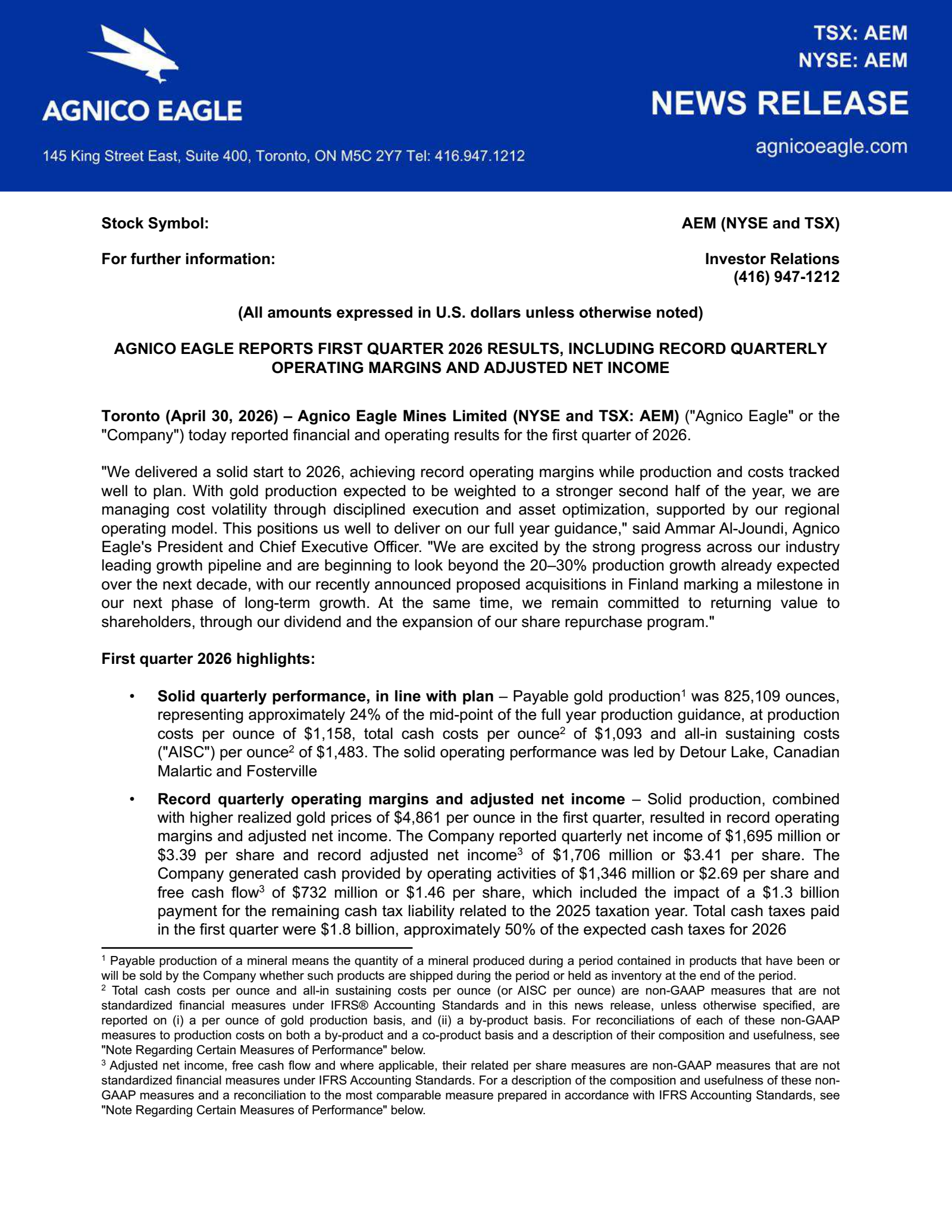 Agnico Eagle Mines' Q1 2026 Press Release