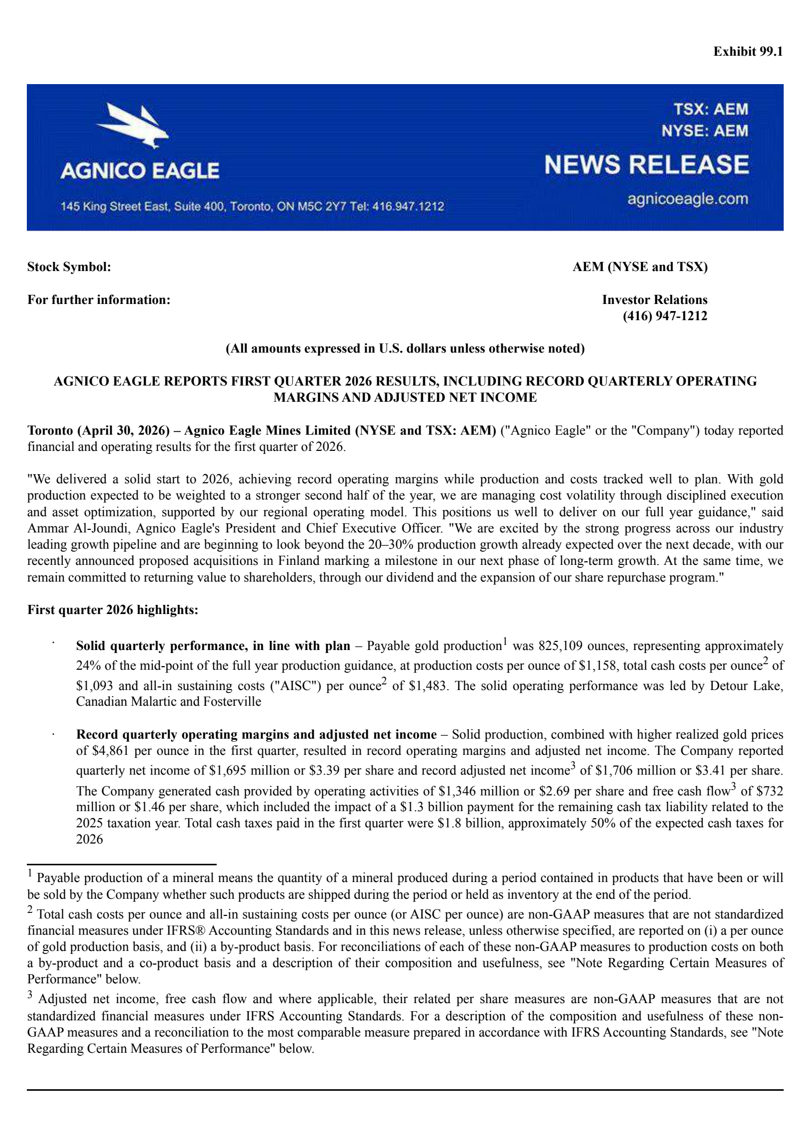 Agnico Eagle Mines' Q1 2026 Press Release