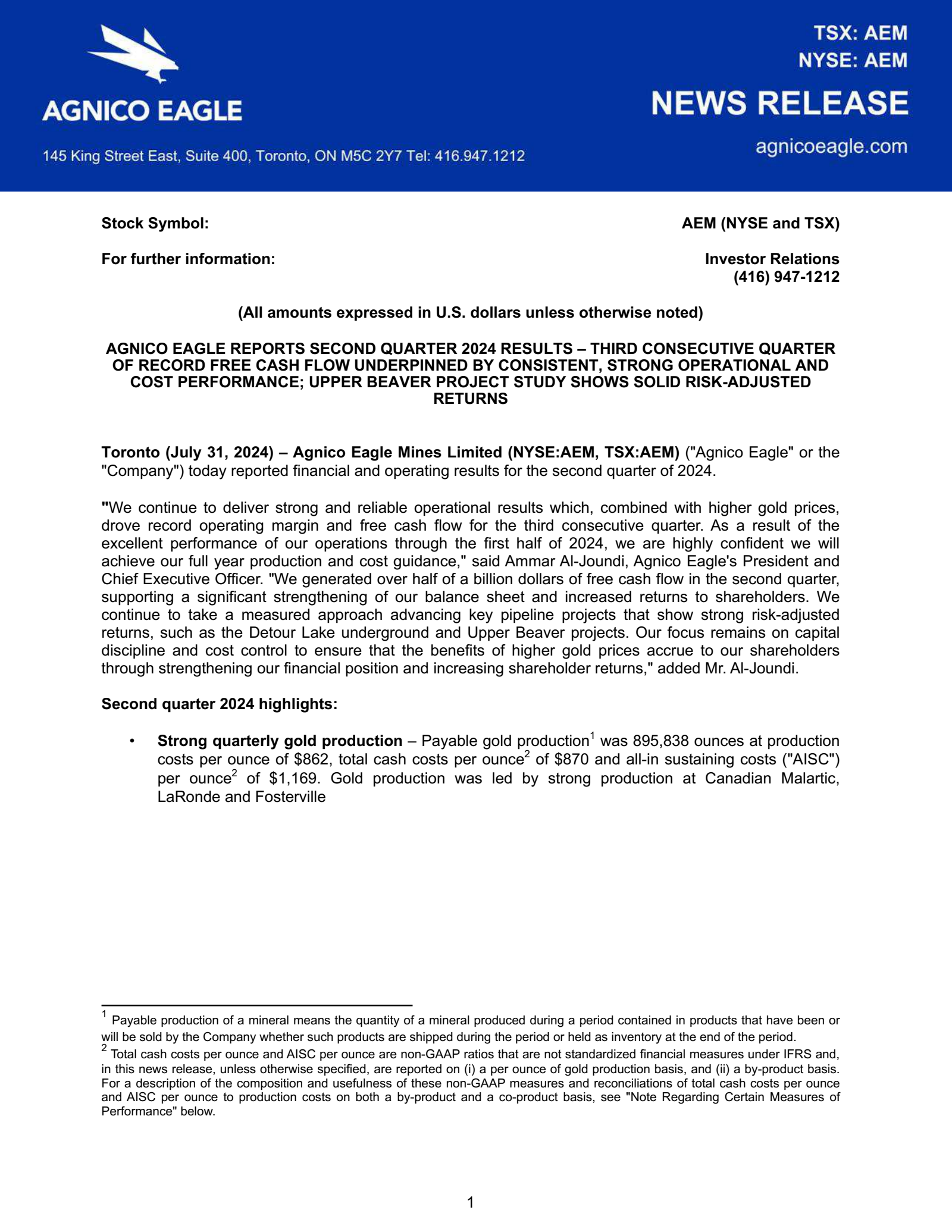 Agnico Eagle Mines' Q2 2024 Earnings Release