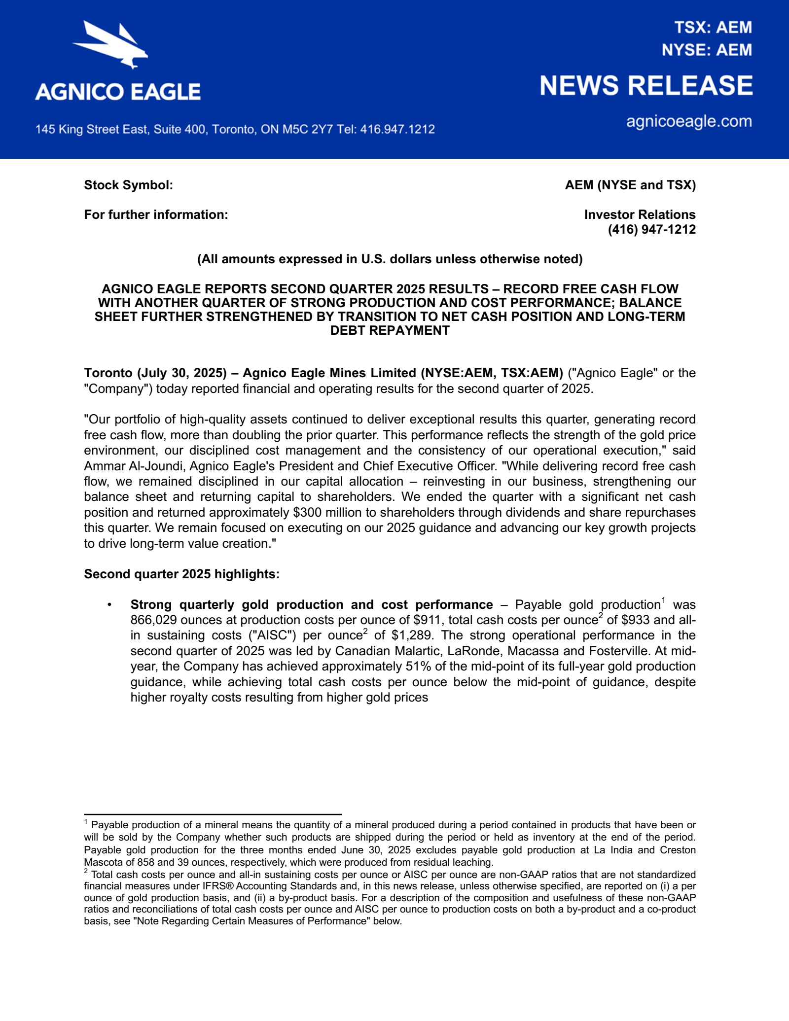 Agnico Eagle Mines' Q2 2025 Press Release