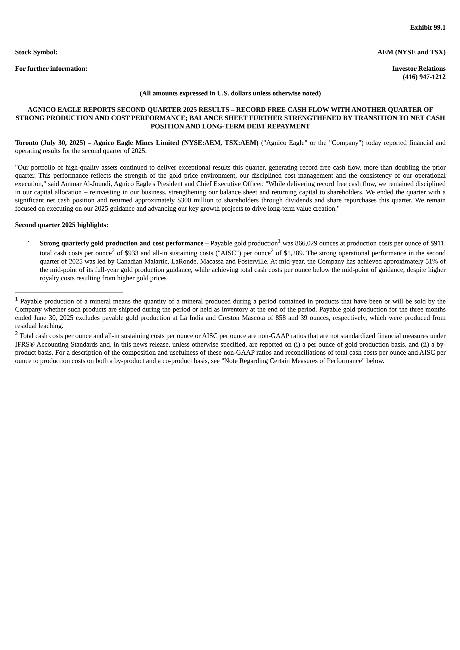 Agnico Eagle Mines' Q2 2025 Press Release