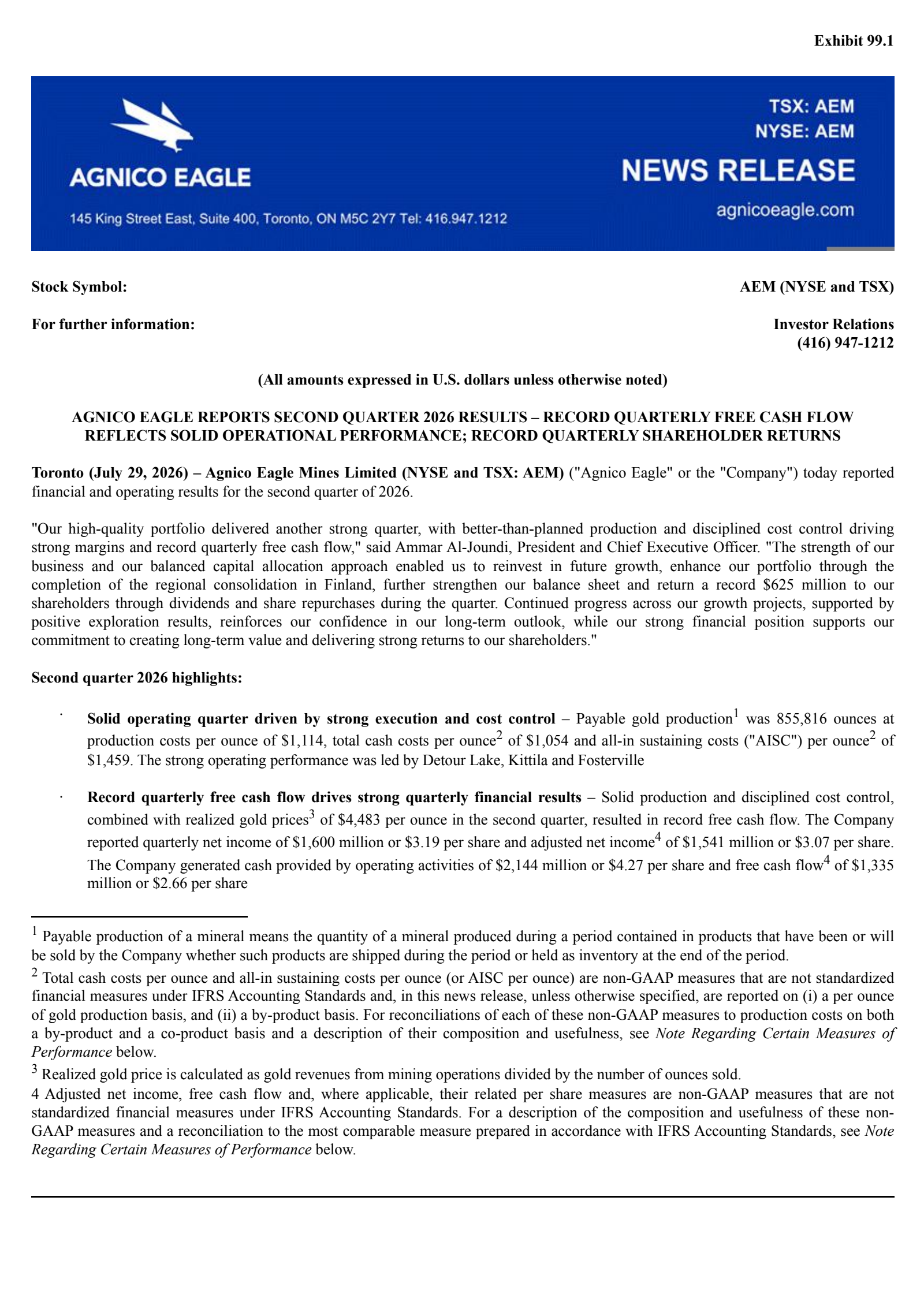 Agnico Eagle Mines' Q2 2026 Press Release