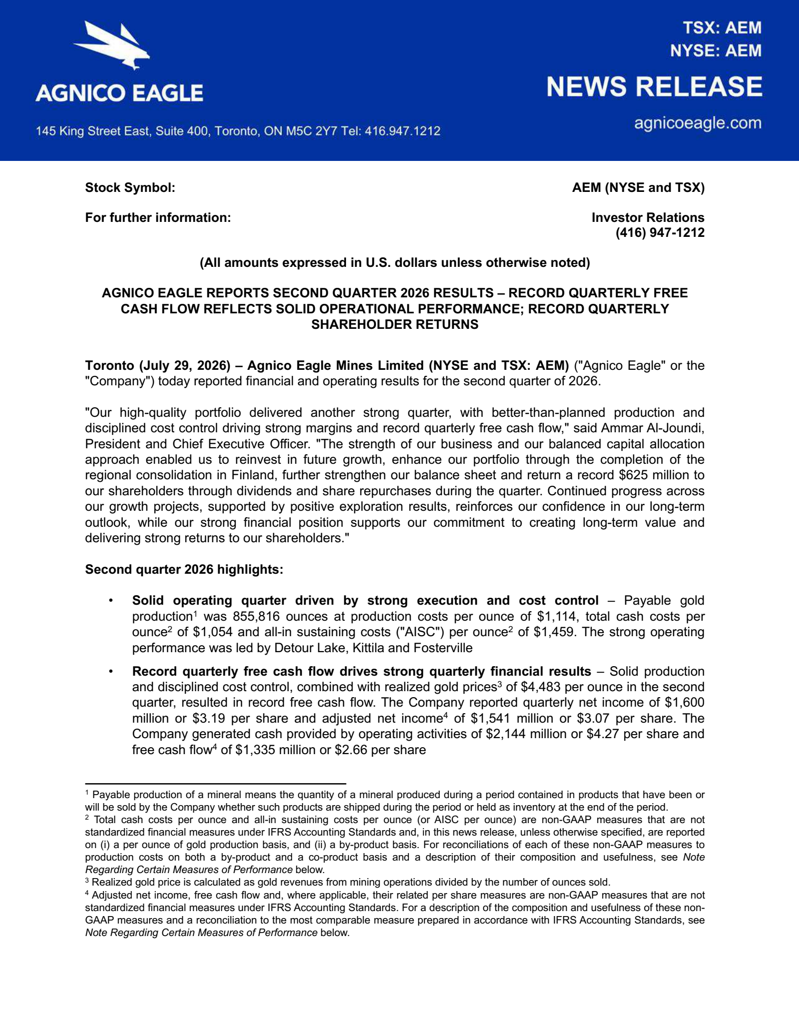 Agnico Eagle Mines' Q2 2026 Press Release