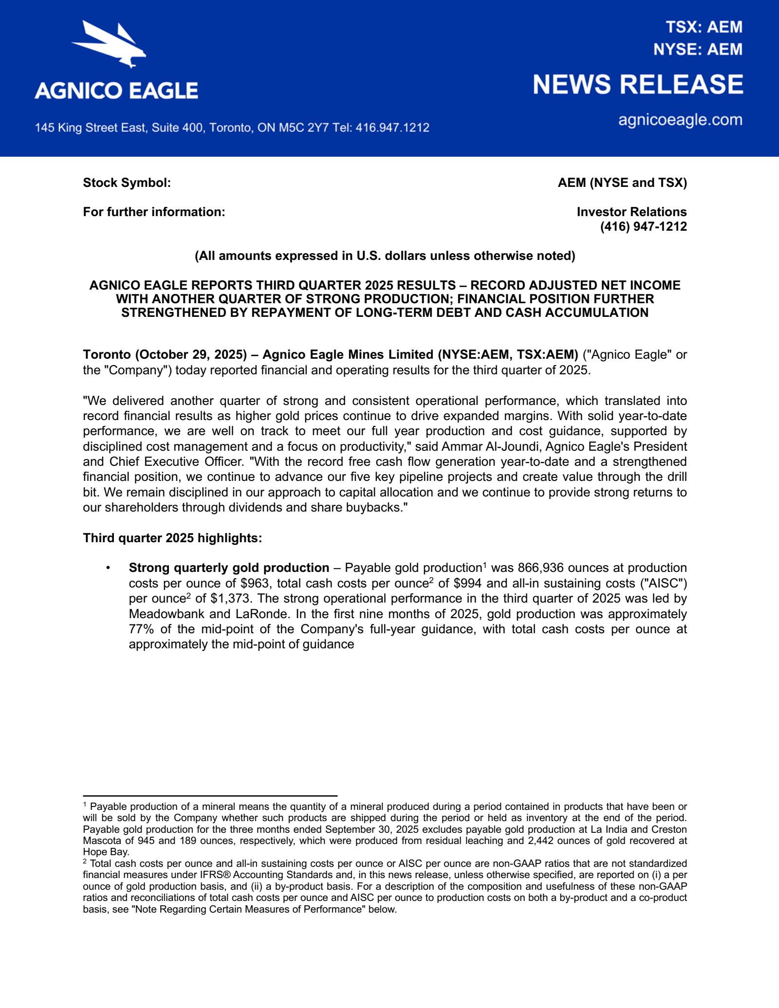 Agnico Eagle Mines' Q3 2025 Earnings Release