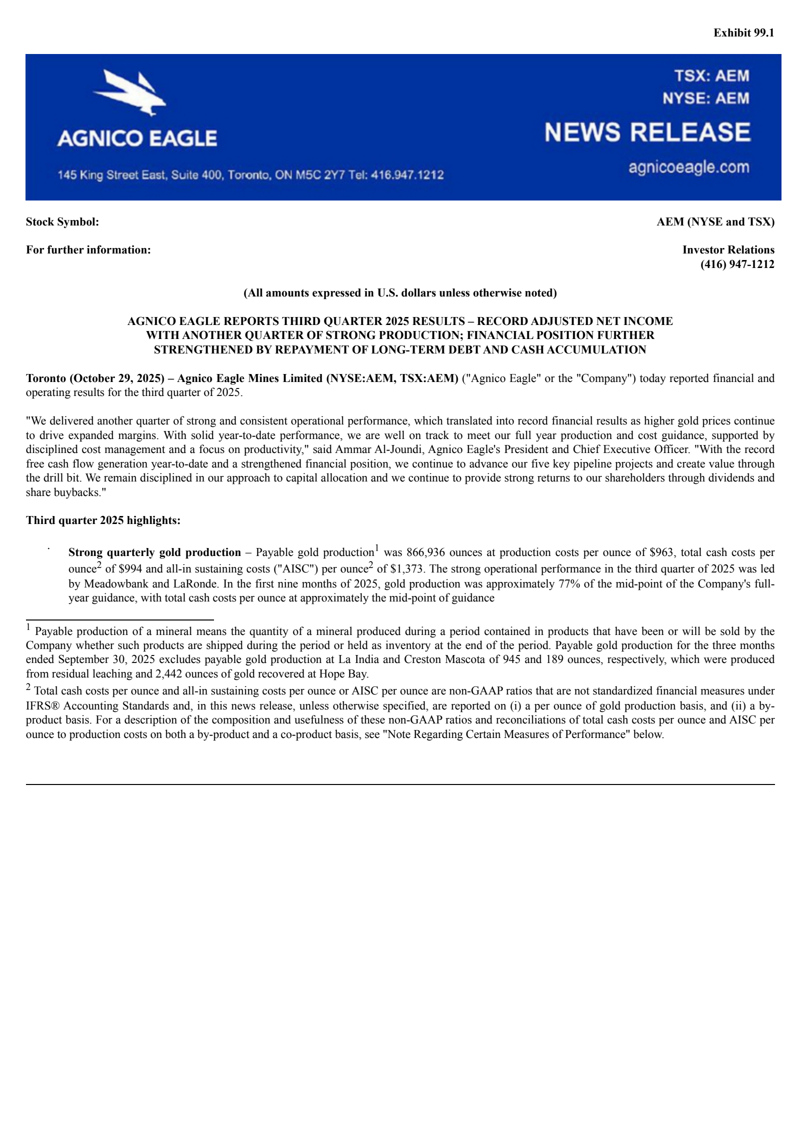 Agnico Eagle Mines' Q3 2025 Earnings Release