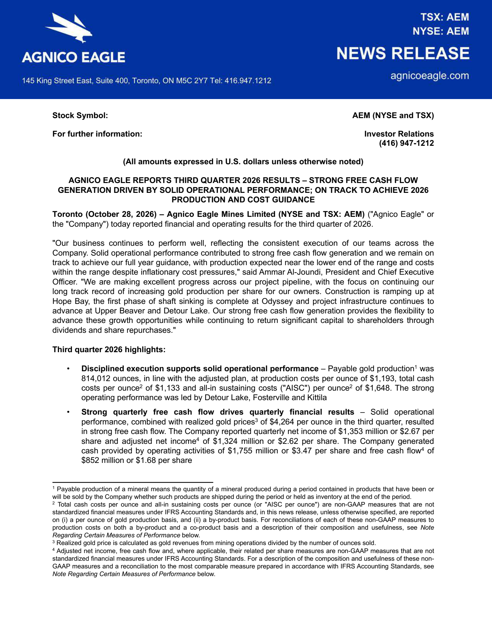 Agnico Eagle Mines' Q3 2026 Press Release
