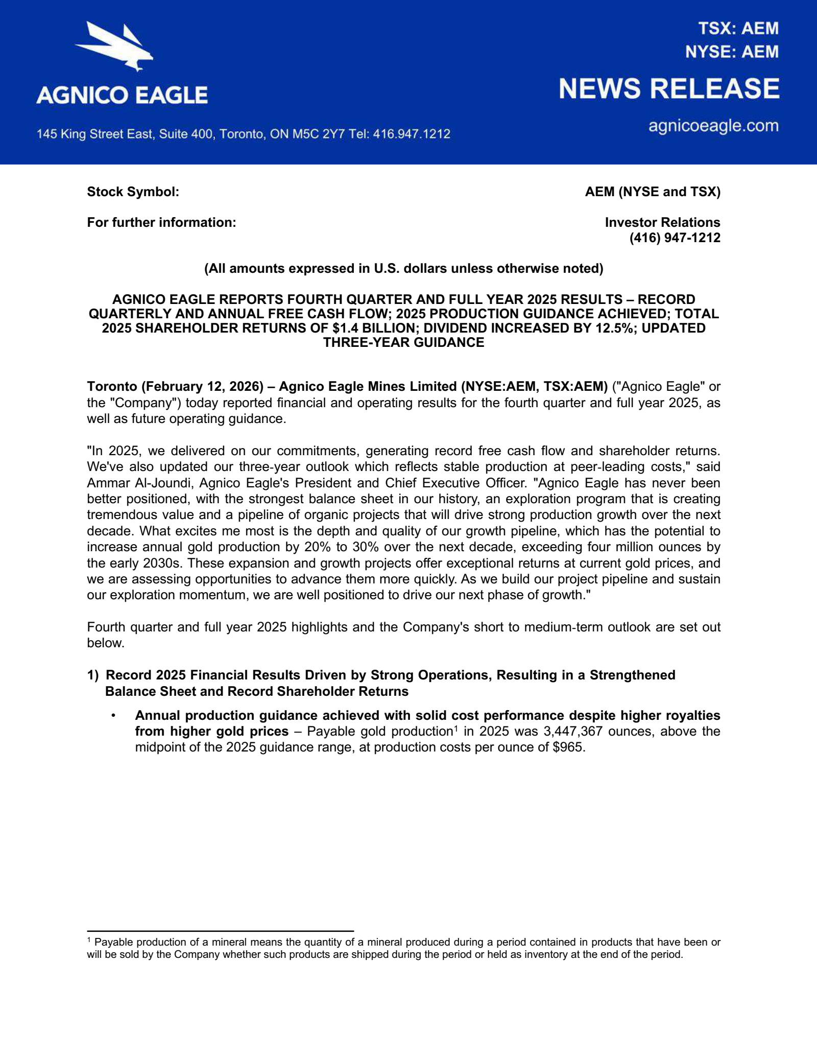 Agnico Eagle Mines' Q4 2025 Press Release