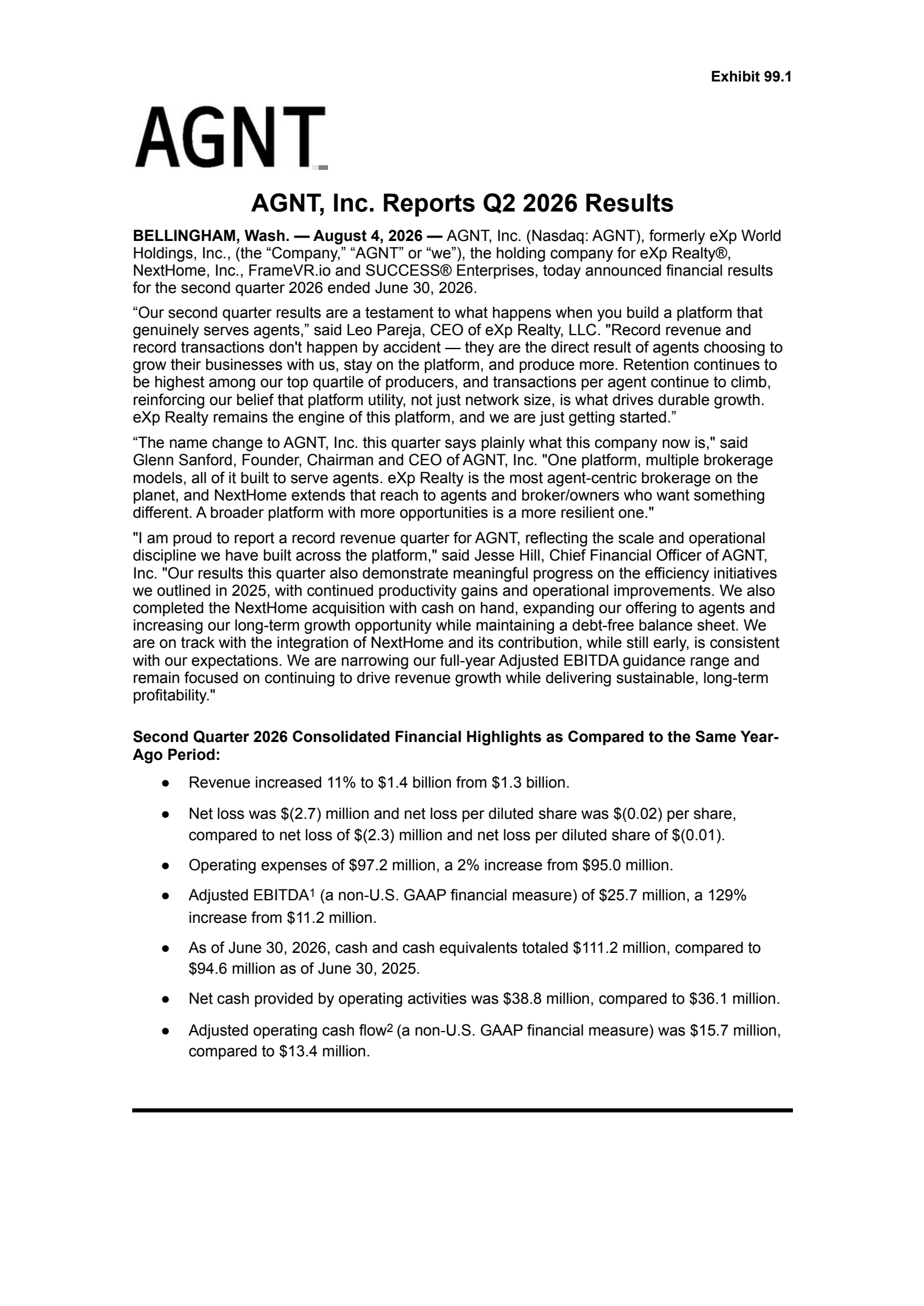 Exp World's Q2 2026 Press Release