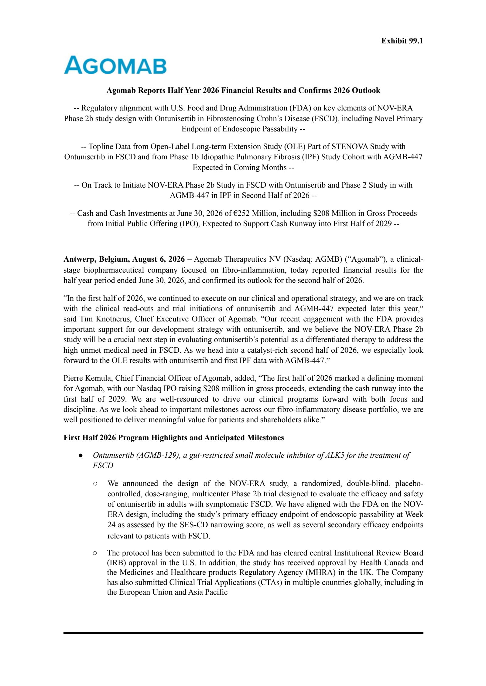 AgomAb Therapeutics' Q2 2026 Press Release