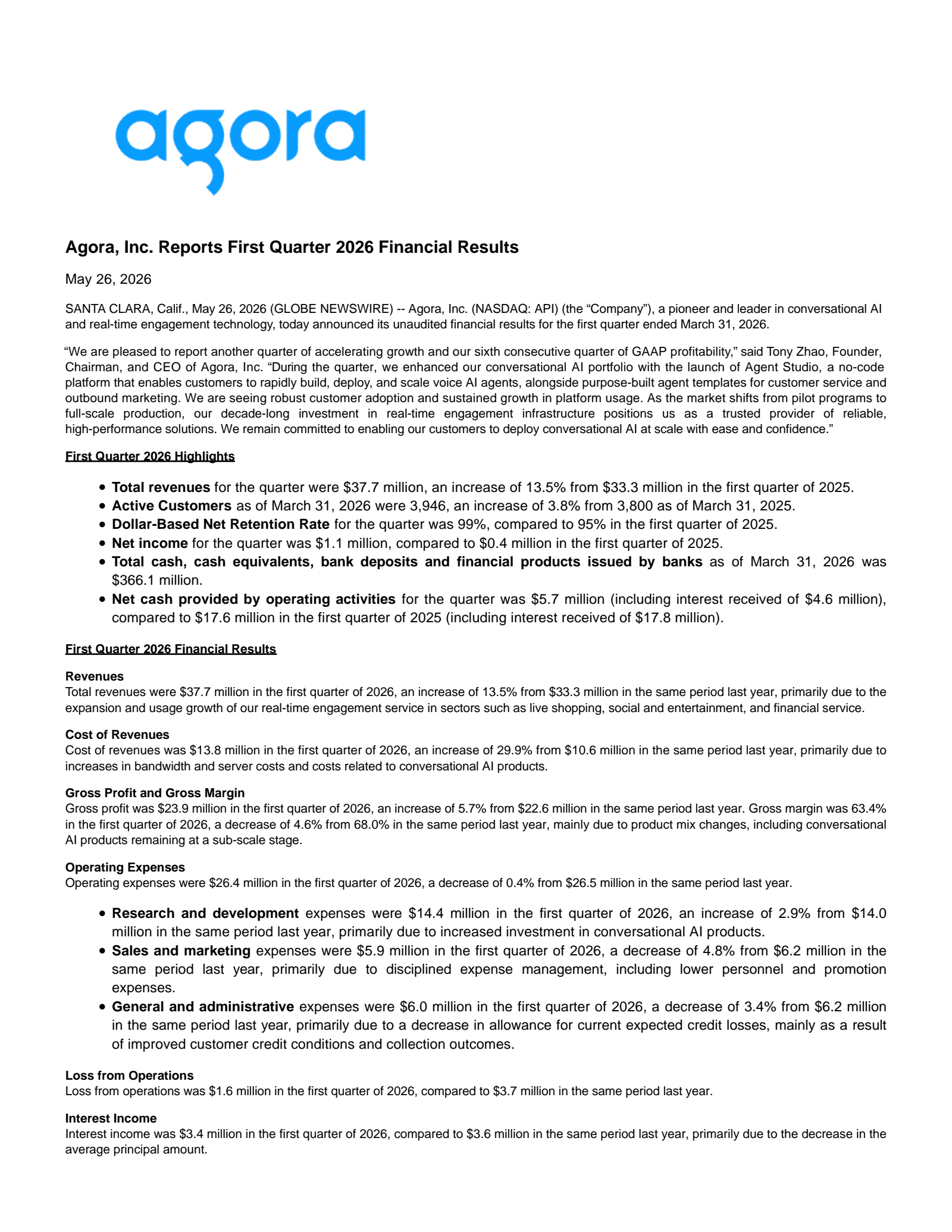 Agora's Q1 2026 Press Release