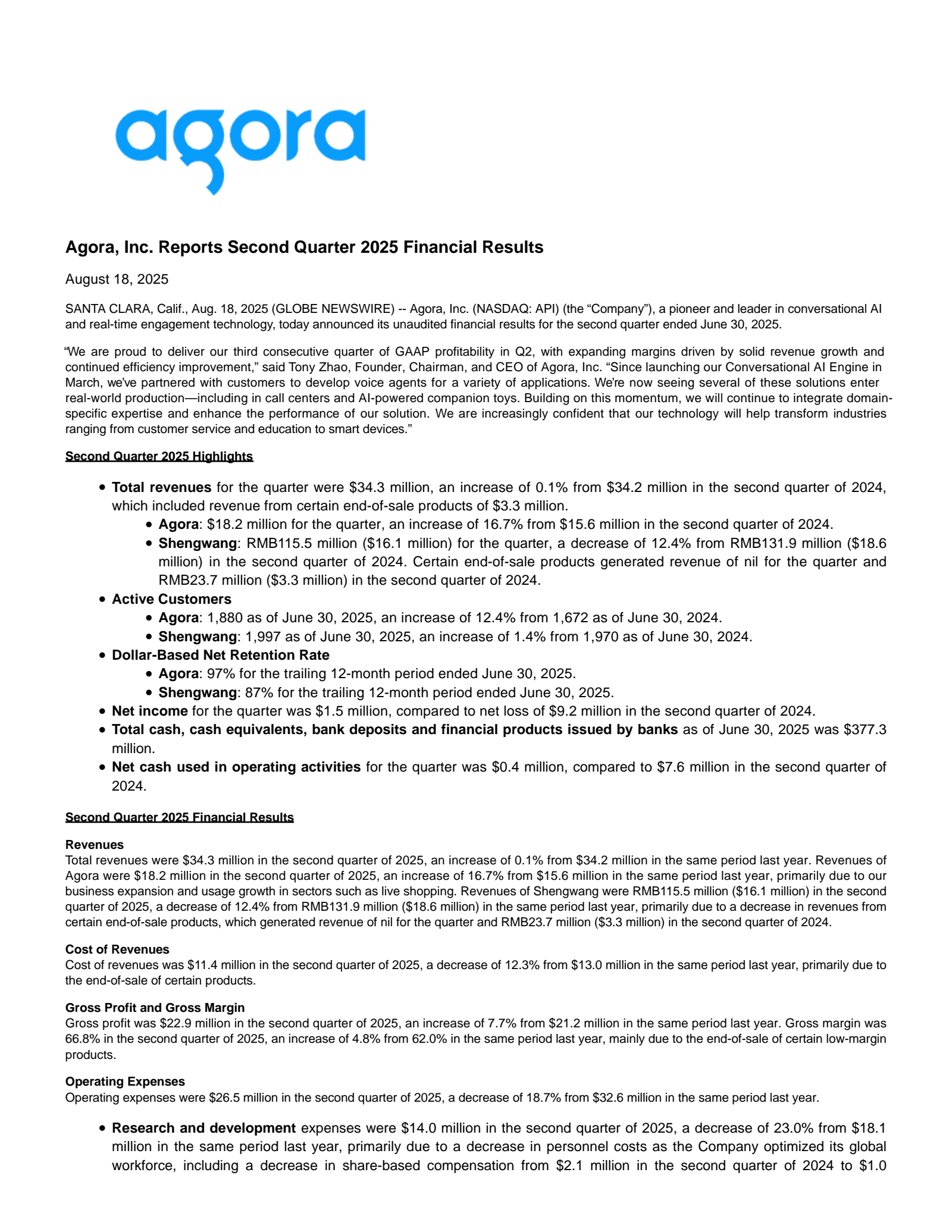 Agora's Q2 2025 Press Release