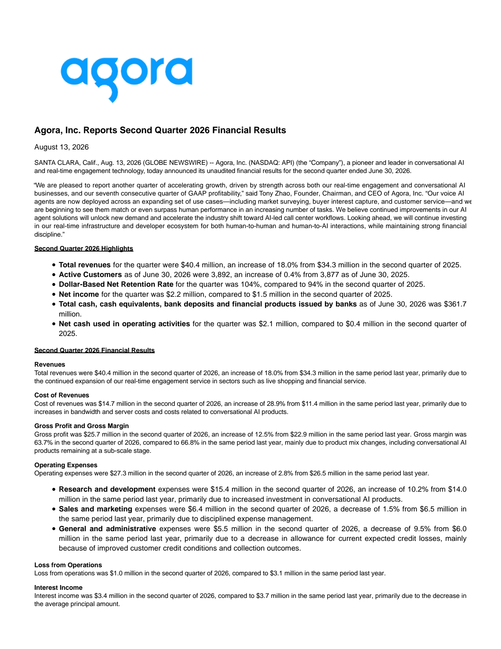 Agora's Q2 2026 Press Release