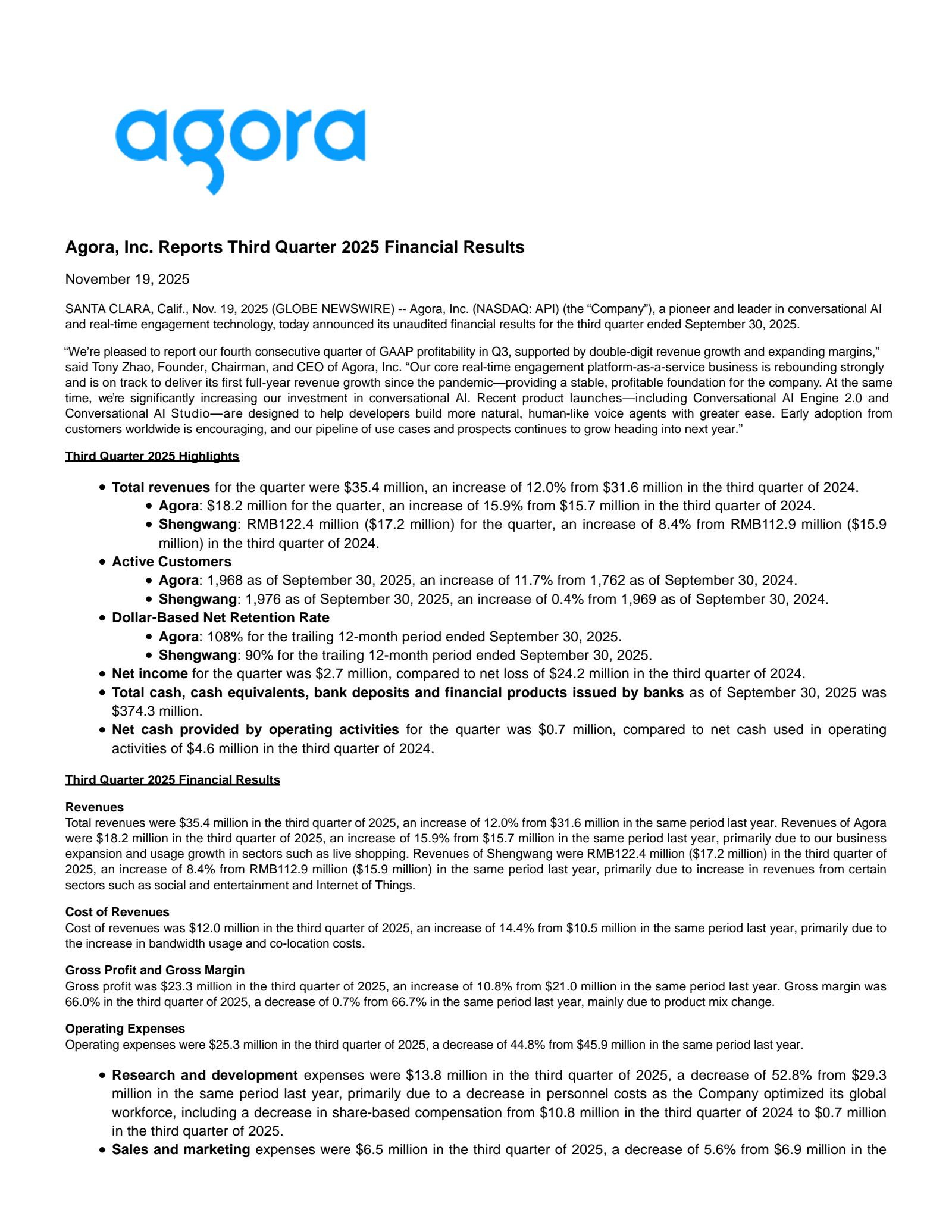 Agora's Q3 2025 Earnings Release