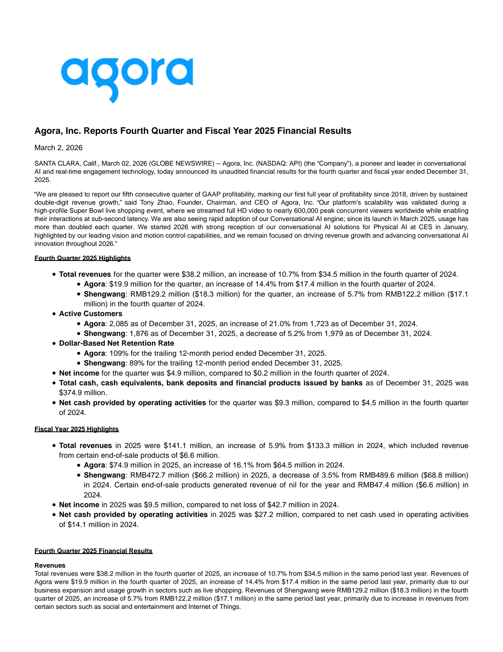 Agora's Q4 2025 Press Release