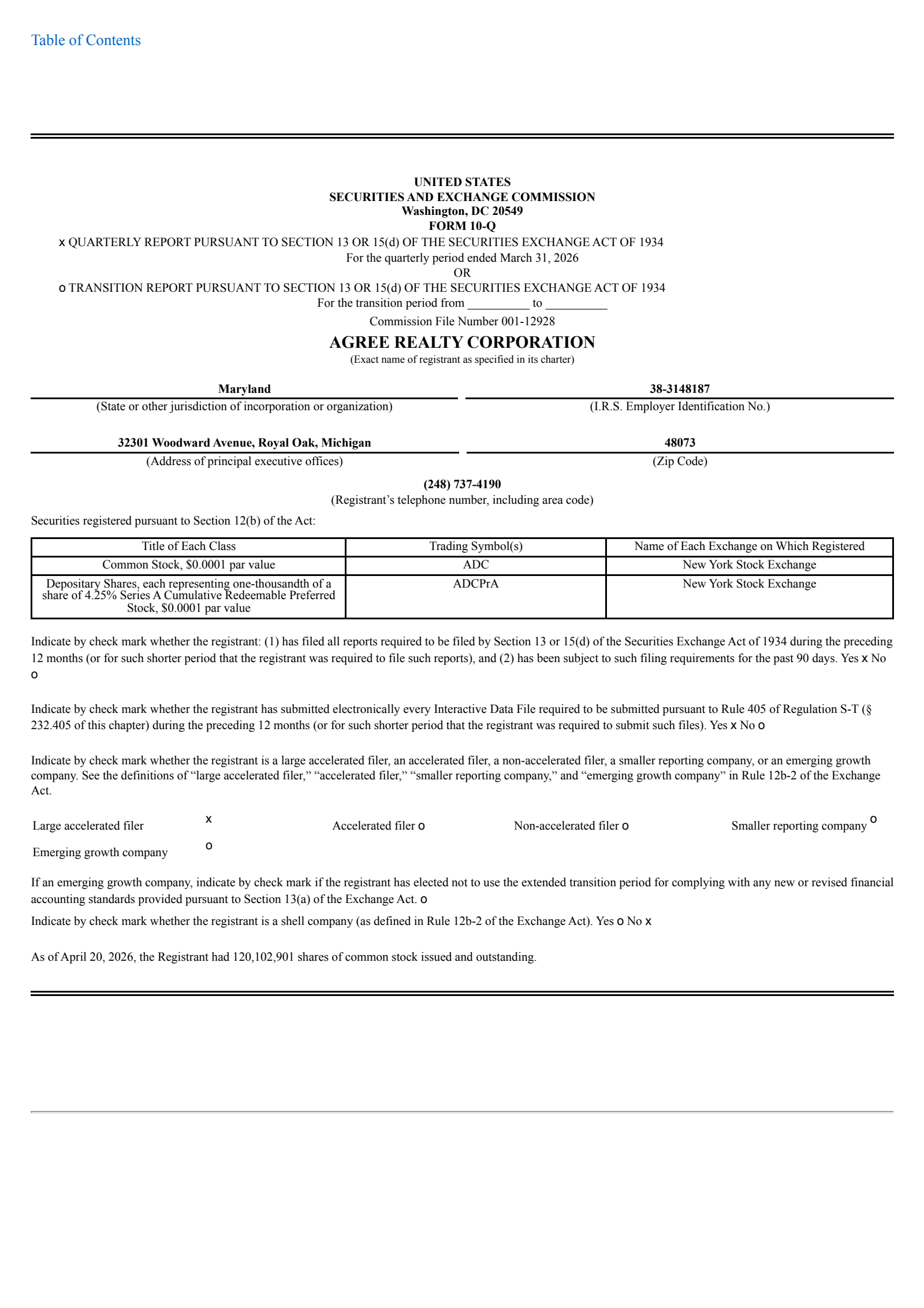 Agree Realty's Q1 2026 Quarterly report