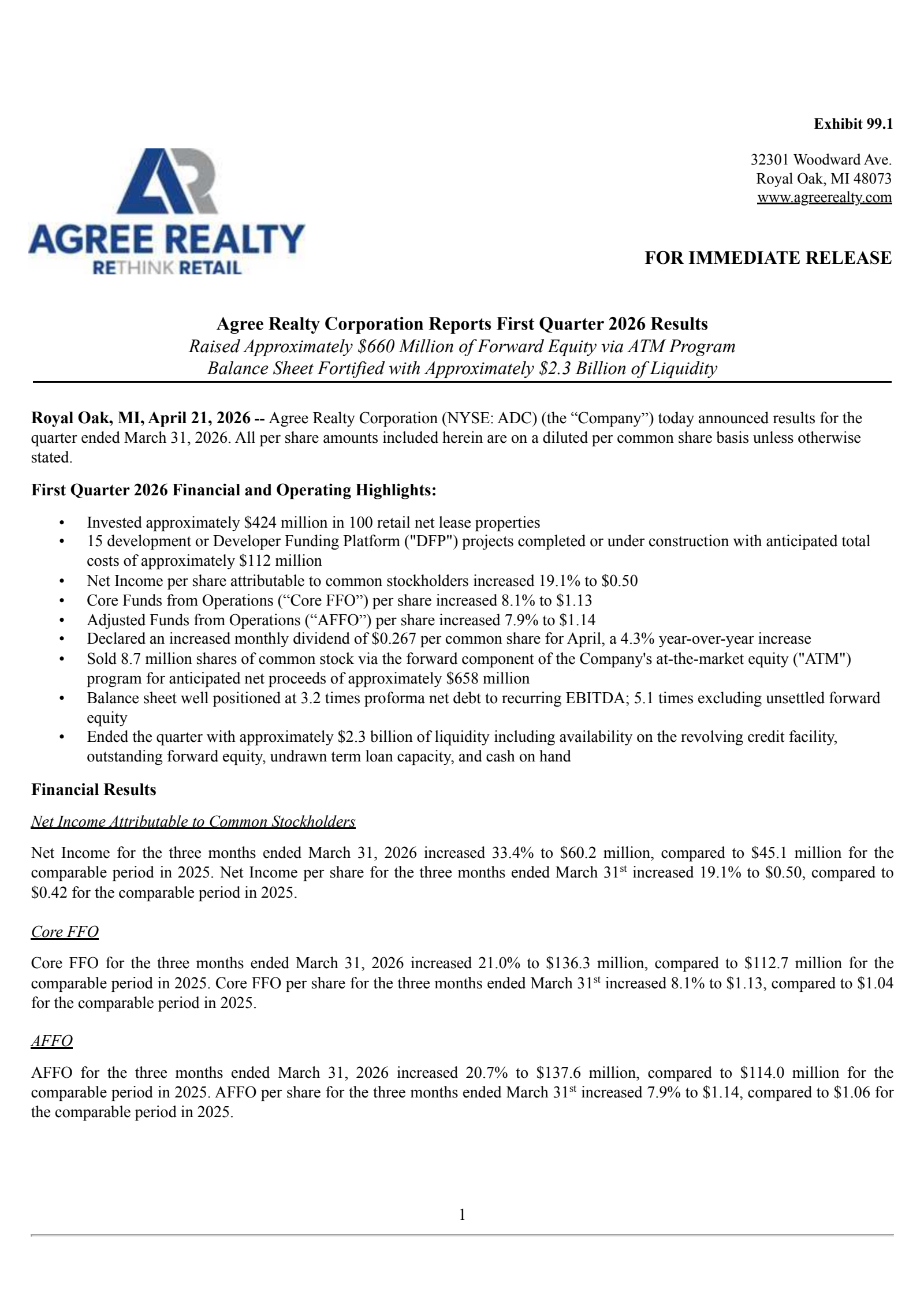 Agree Realty's Q1 2026 Press Release