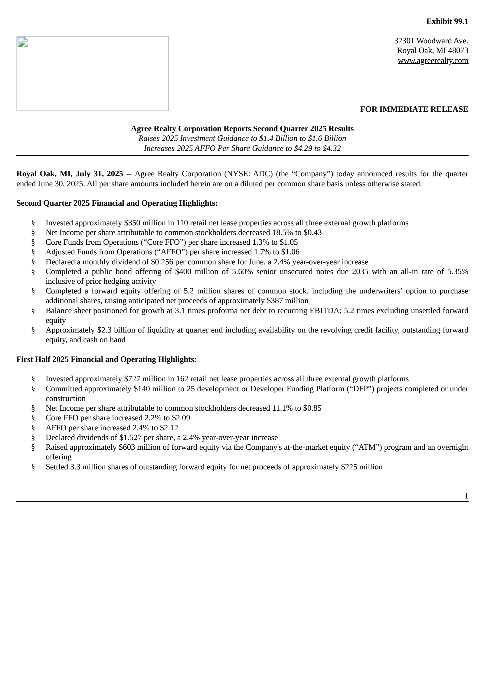 Agree Realty's Q2 2025 Press Release