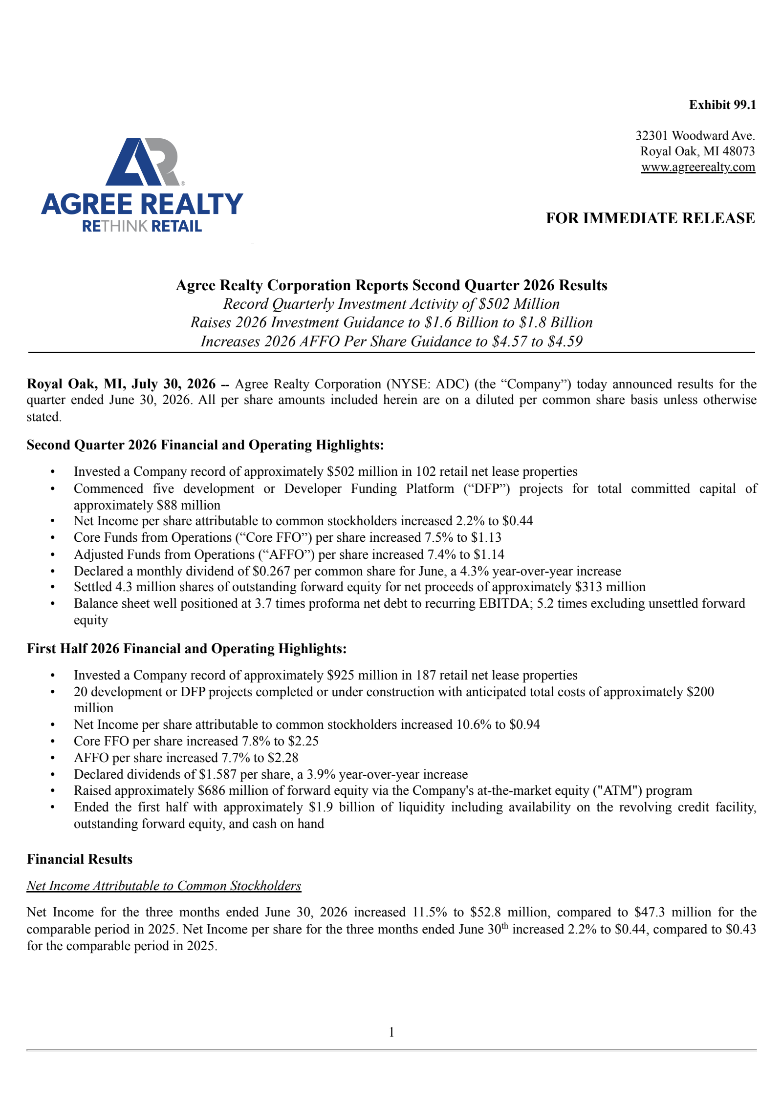 Agree Realty's Q2 2026 Press Release
