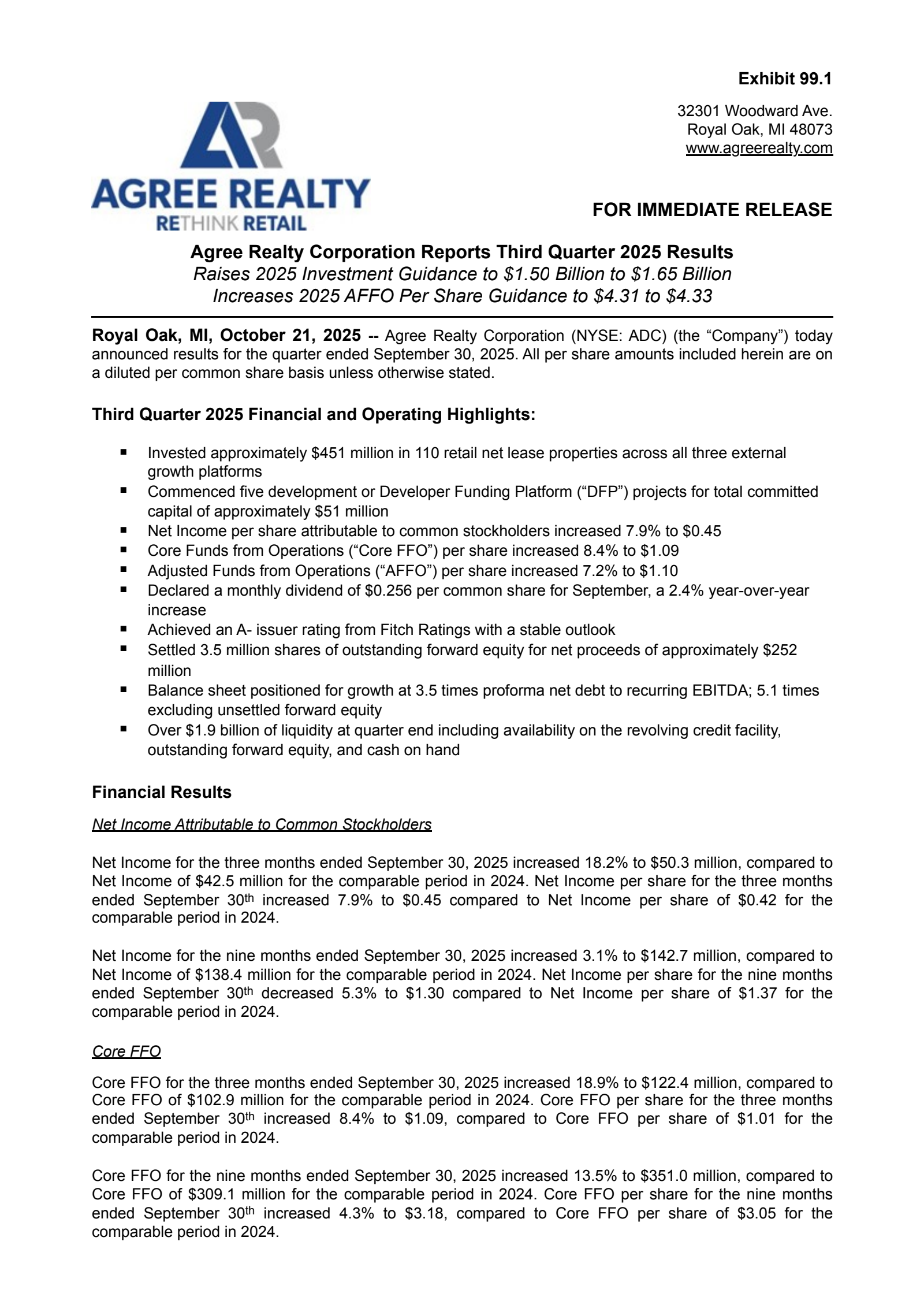 Agree Realty's Q3 2025 Earnings Release