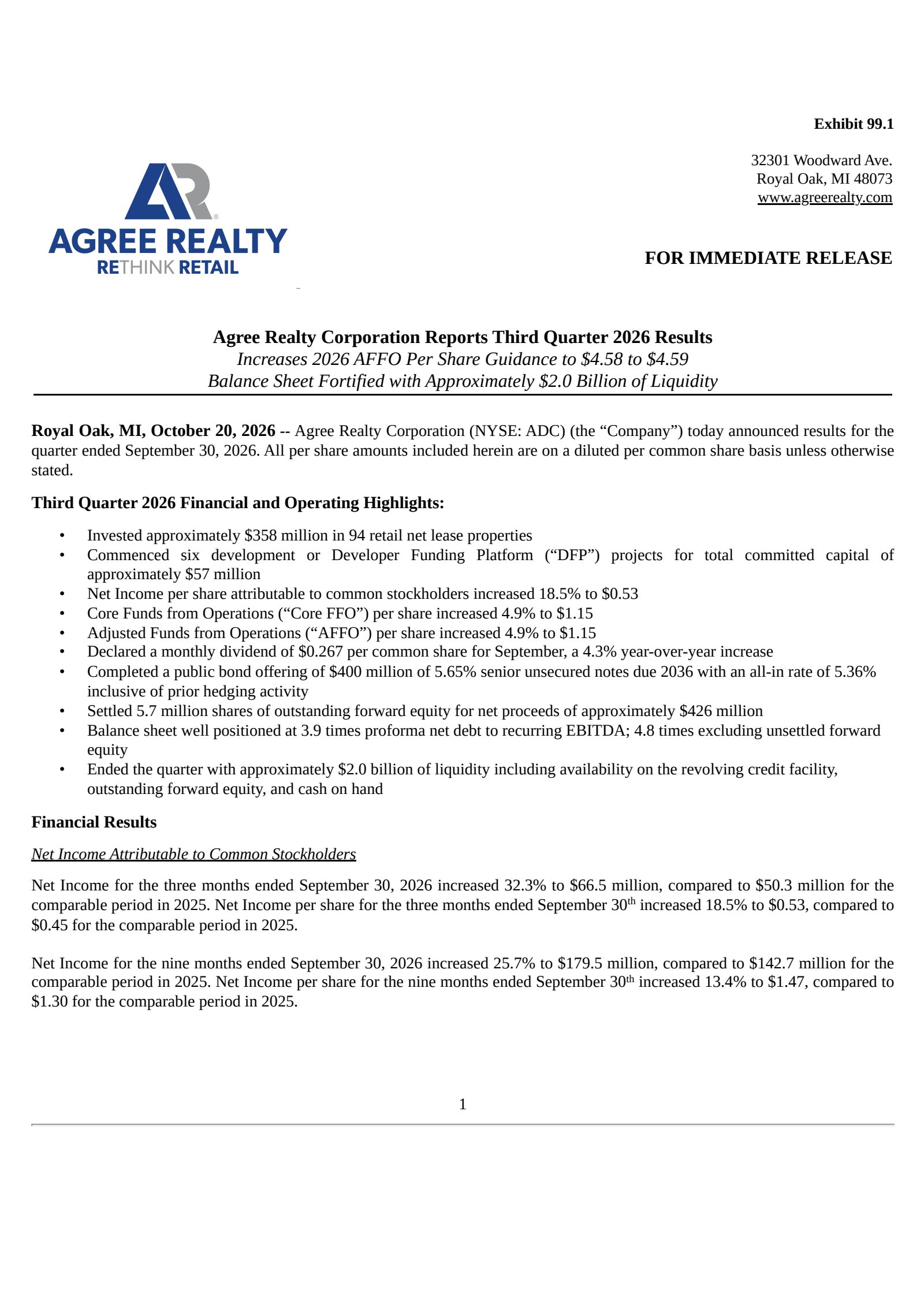 Agree Realty's Q3 2026 Press Release