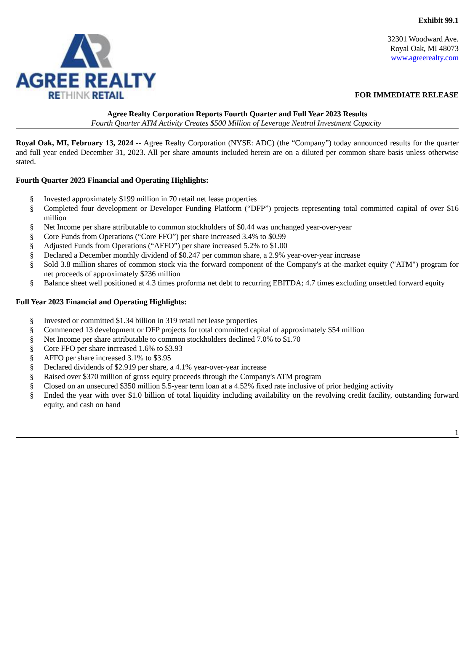 Agree Realty's Q4 2023 Press Release