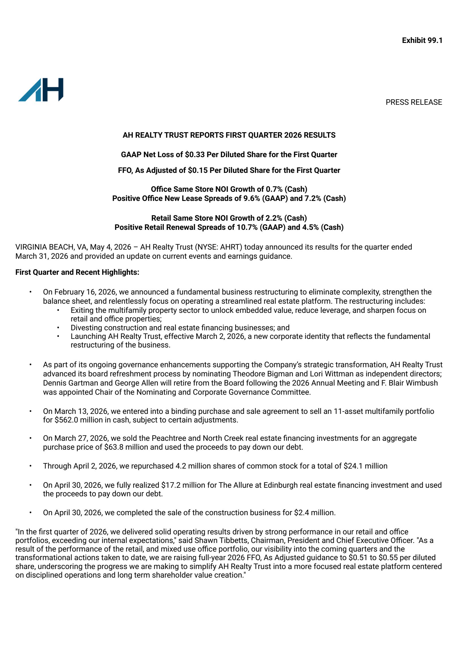 Armada Hoffler Properties' Q1 2026 Press Release