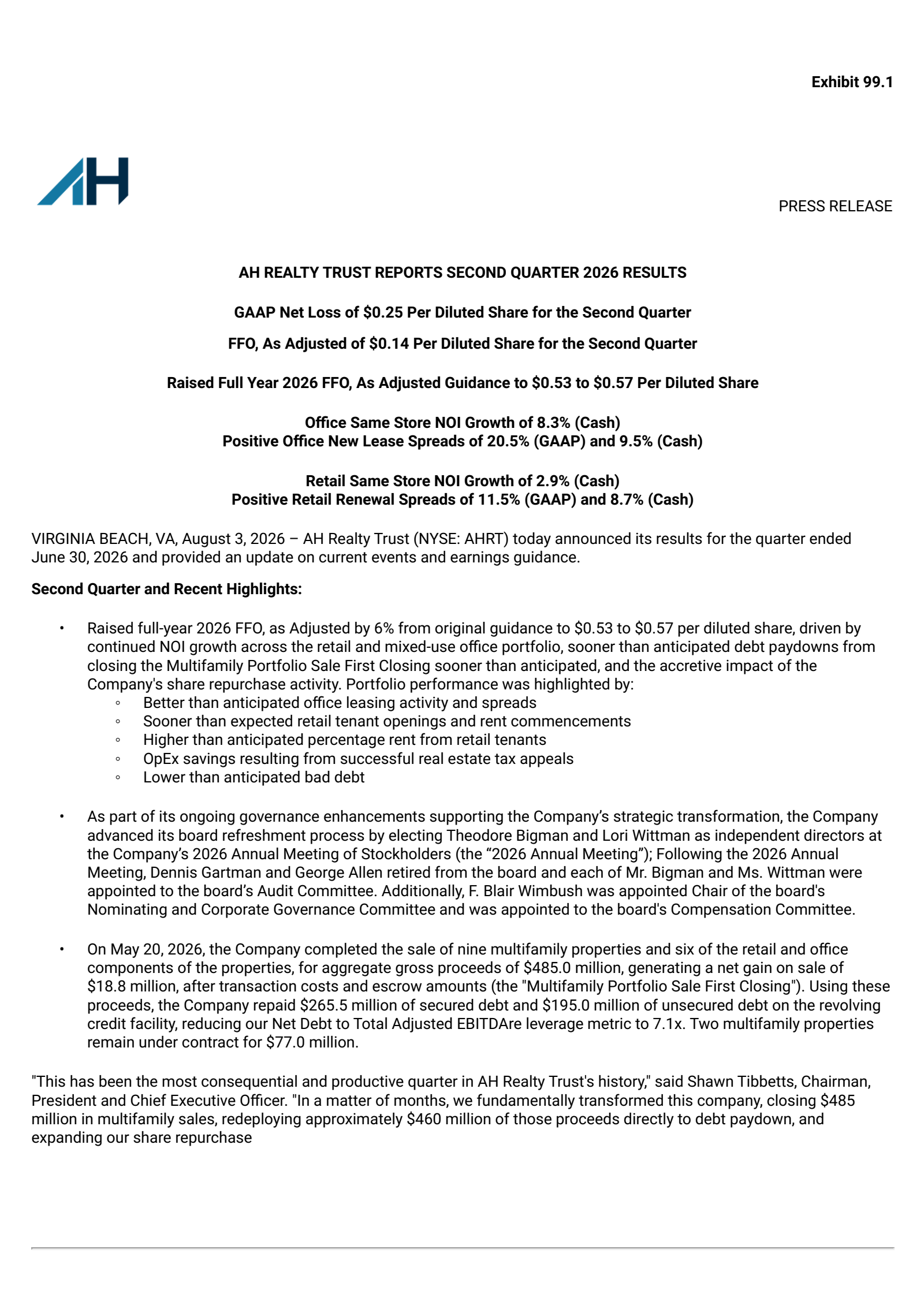 Armada Hoffler Properties' Q2 2026 Press Release