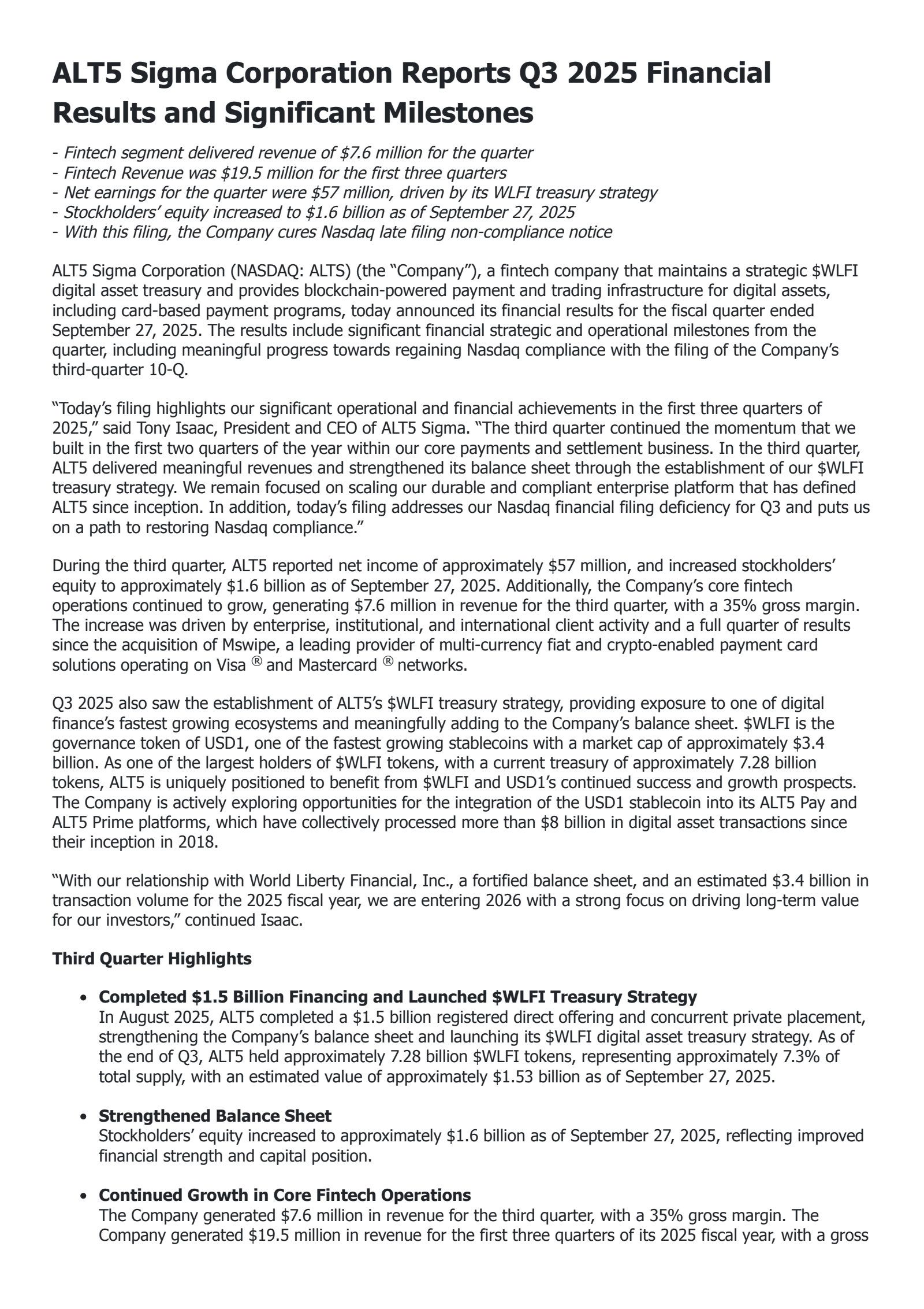 ALT5 Sigma's Q3 2025 Press Release
