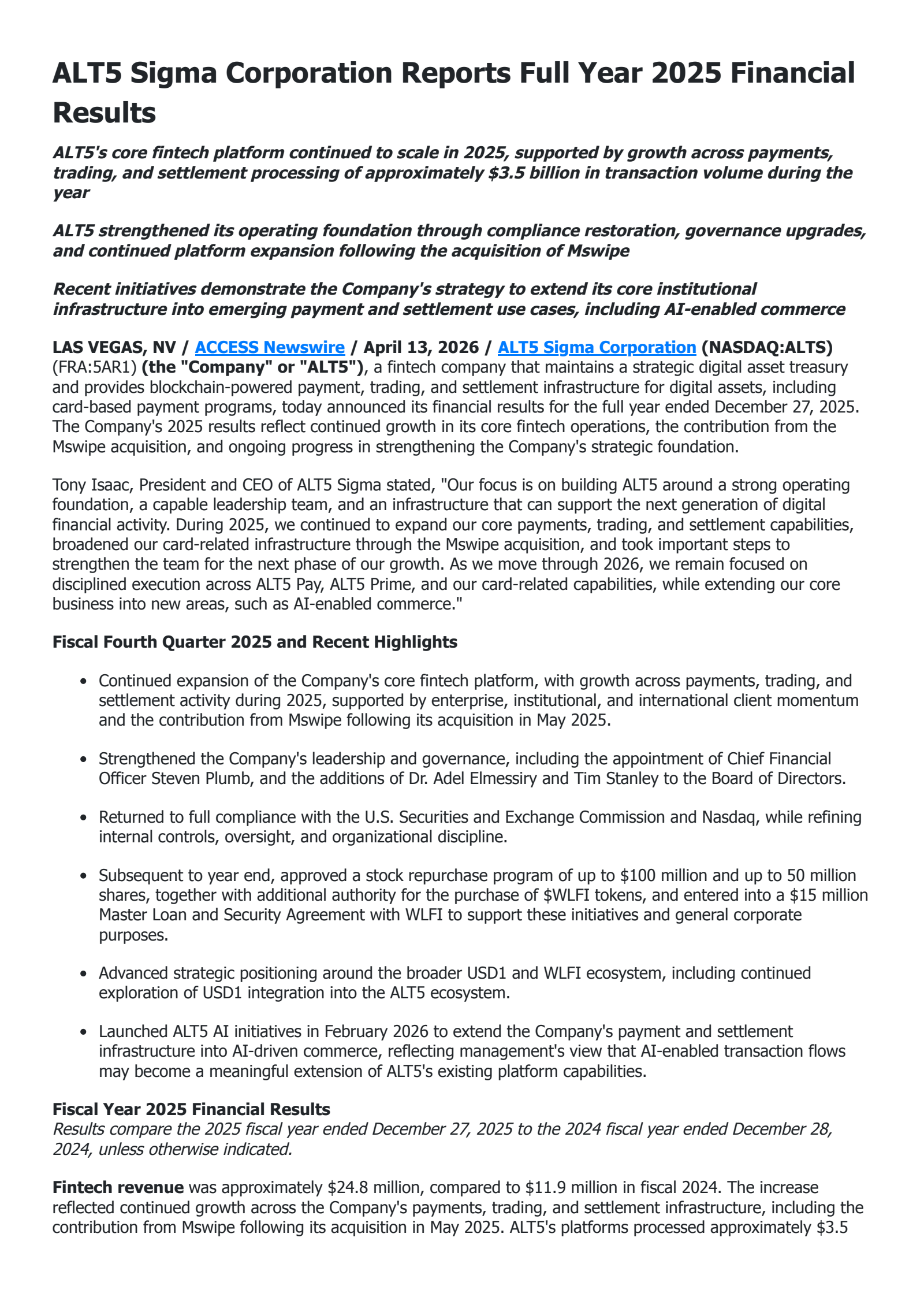 ALT5 Sigma's Q4 2025 Press Release