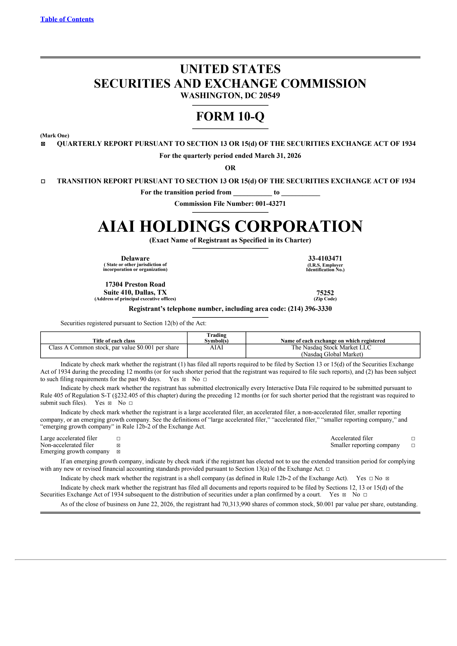 AIAI's Q1 2026 Quarterly report
