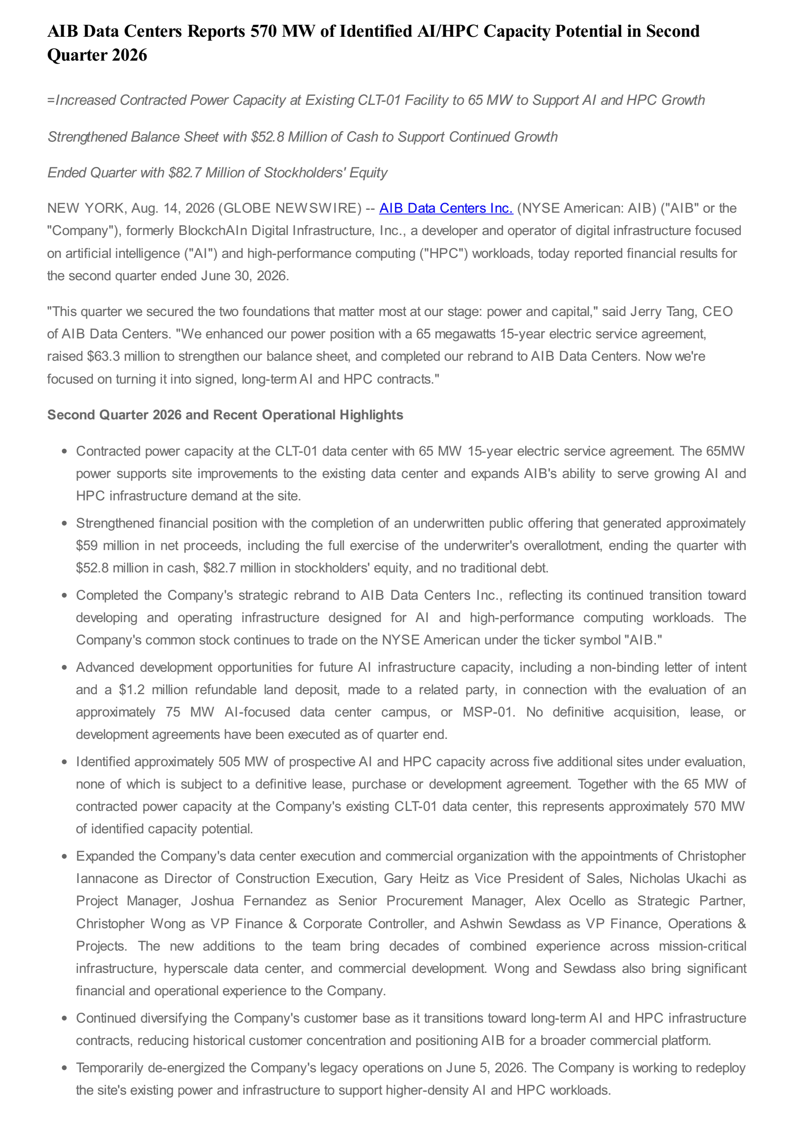 BlockchAIn Digital Infrastructure's Q2 2026 Press Release