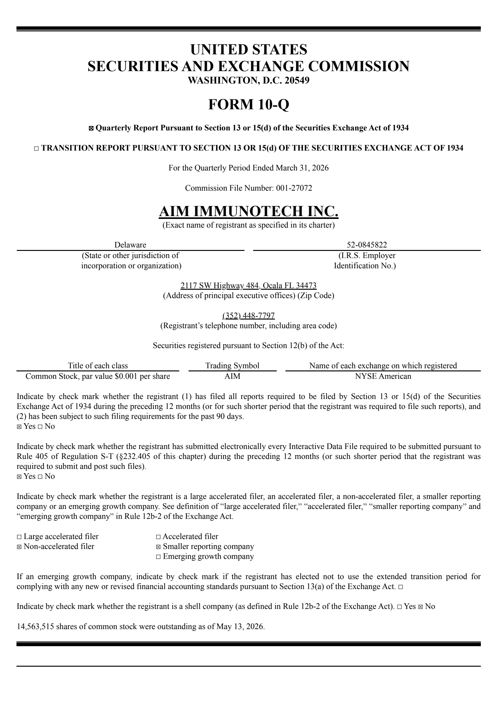 AIM ImmunoTech's Q1 2026 Quarterly report