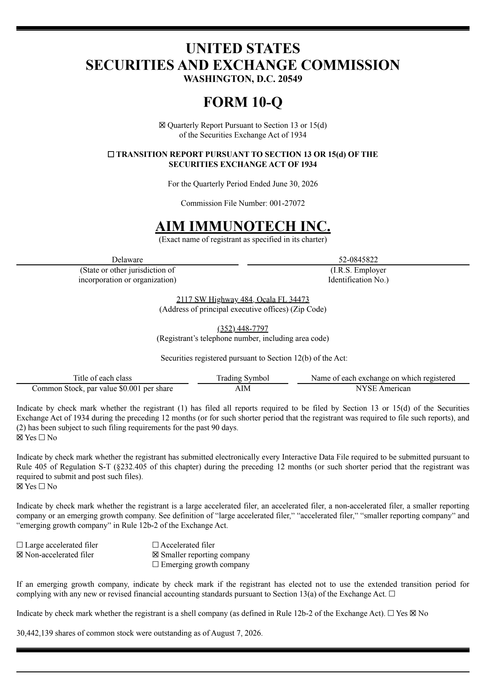 AIM ImmunoTech's Q2 2026 Quarterly report