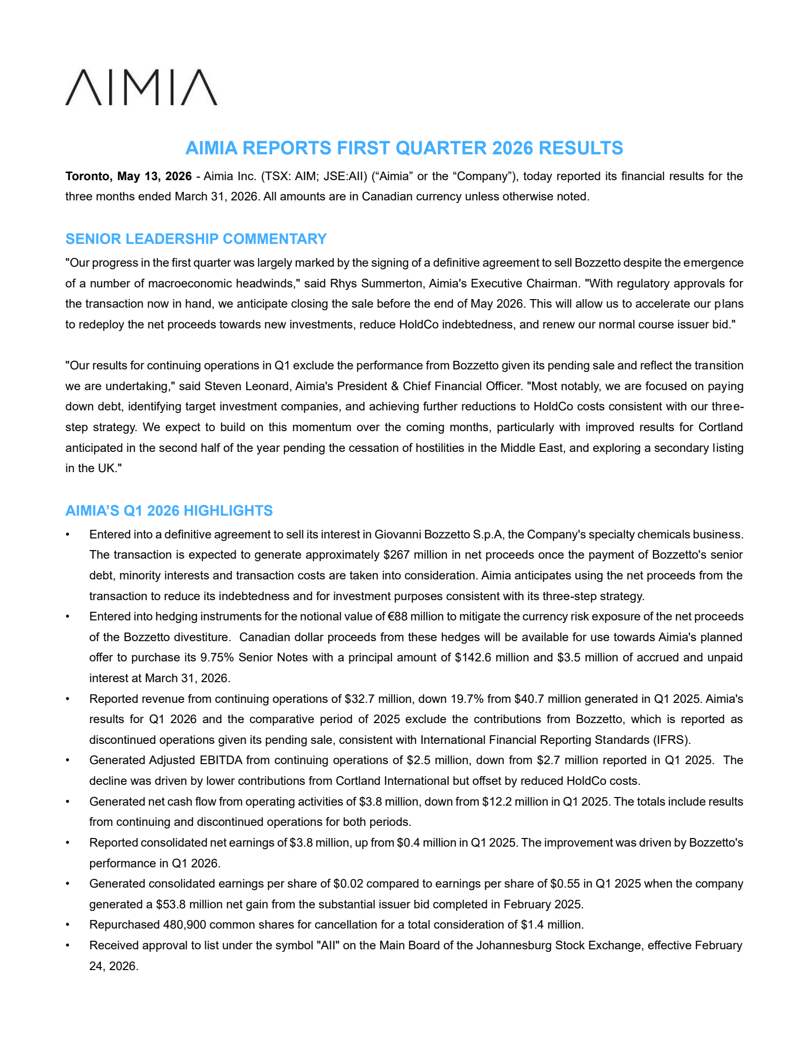 Aimia's Q1 2026 Press Release
