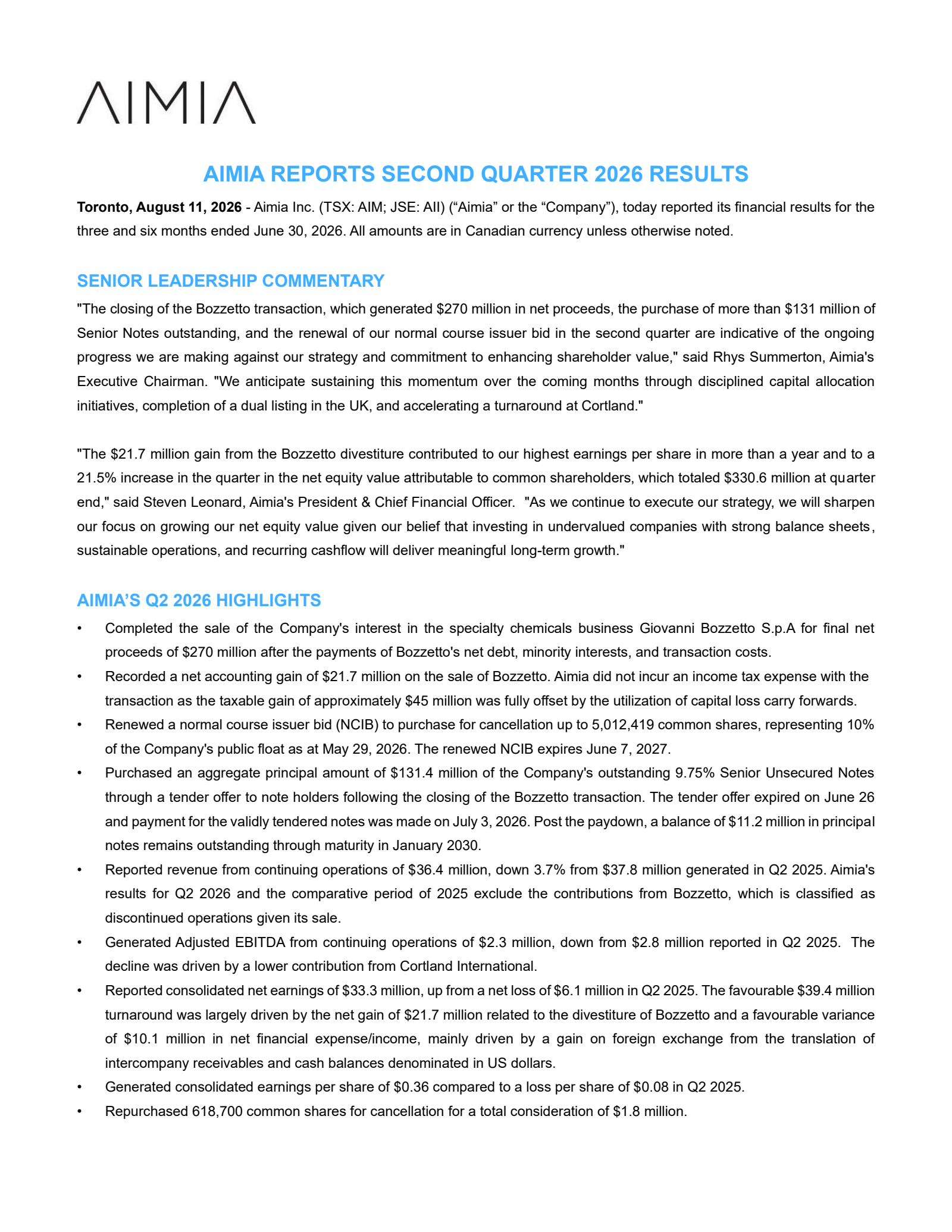Aimia's Q2 2026 Press Release