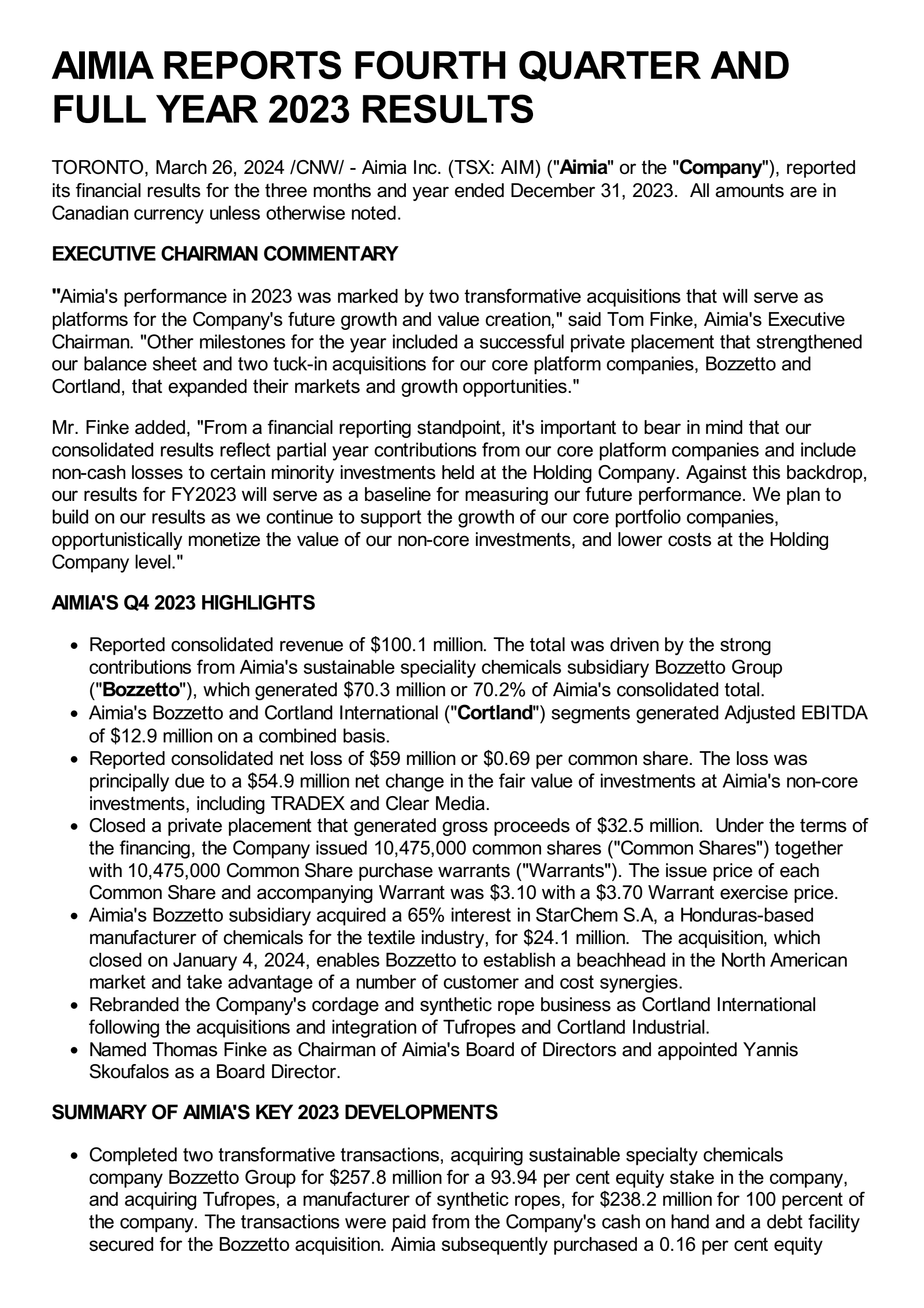 Aimia's Q4 2023 Press Release